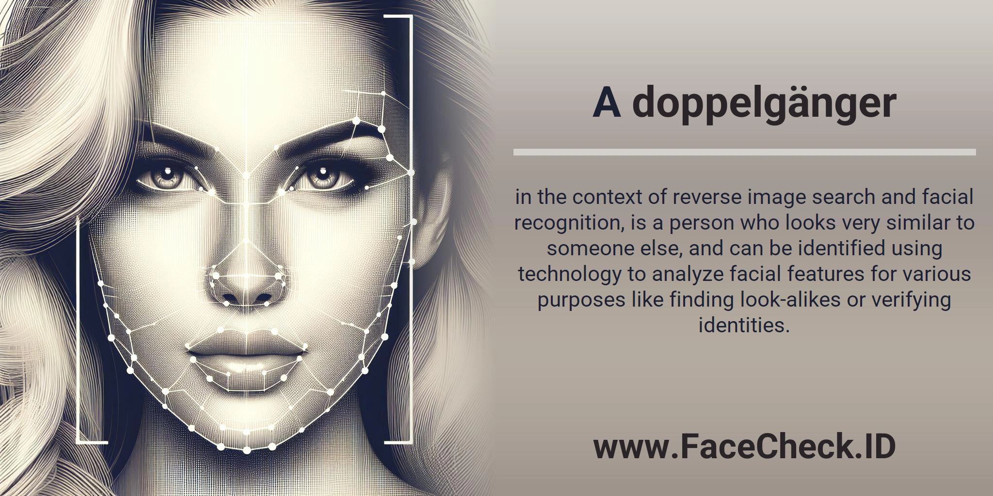 A doppelgänger in the context of reverse image search and facial recognition, is a person who looks very similar to someone else, and can be identified using technology to analyze facial features for various purposes like finding look-alikes or verifying identities.