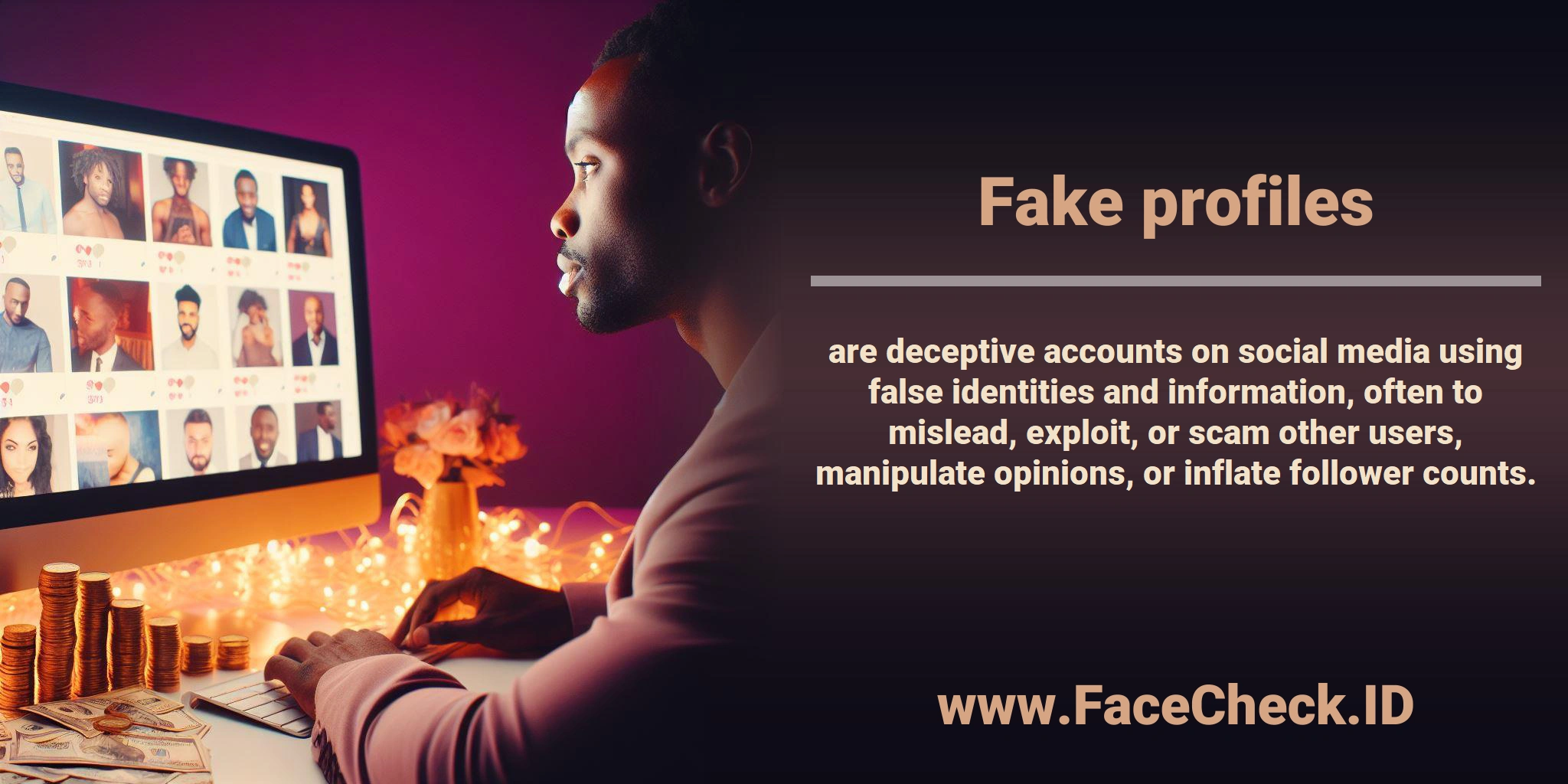 Fake profiles are deceptive accounts on social media using false identities and information, often to mislead, exploit, or scam other users, manipulate opinions, or inflate follower counts.