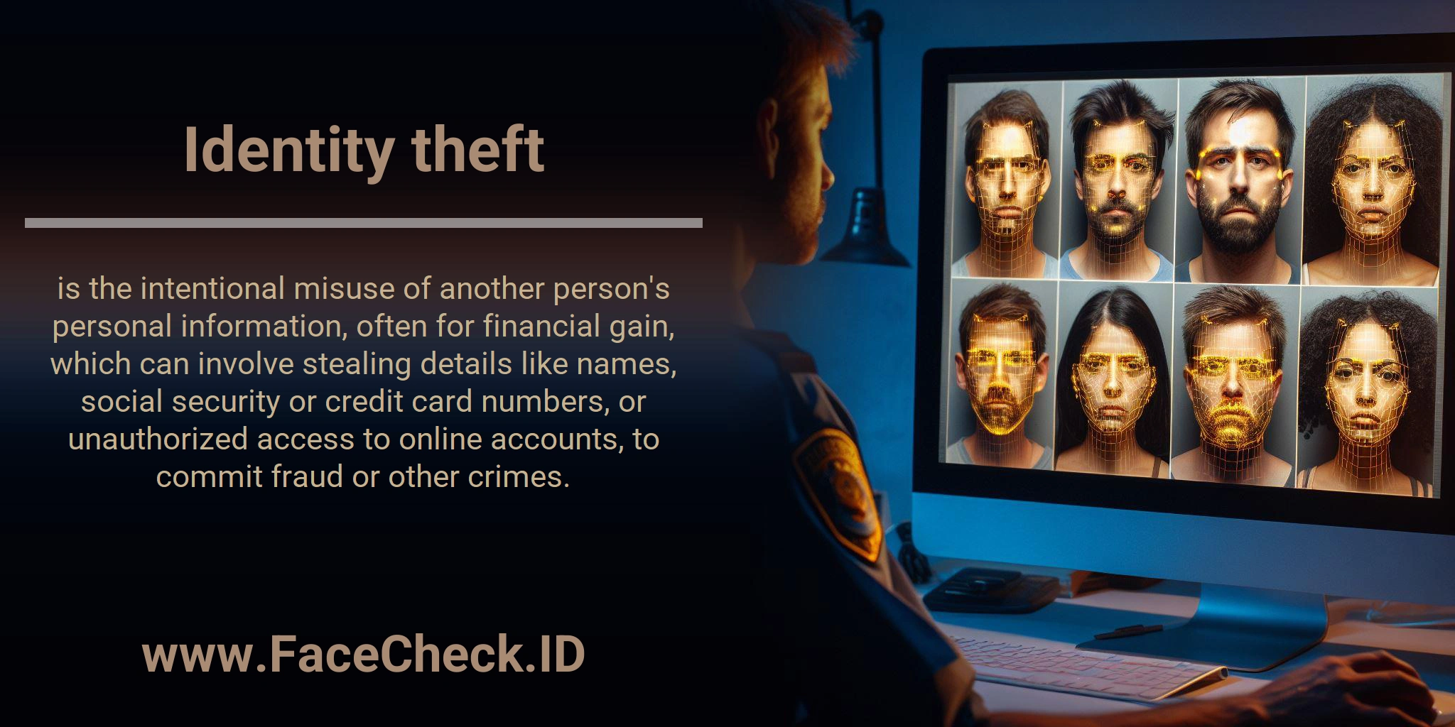 Identity theft is the intentional misuse of another person's personal information, often for financial gain, which can involve stealing details like names, social security or credit card numbers, or unauthorized access to online accounts, to commit fraud or other crimes.