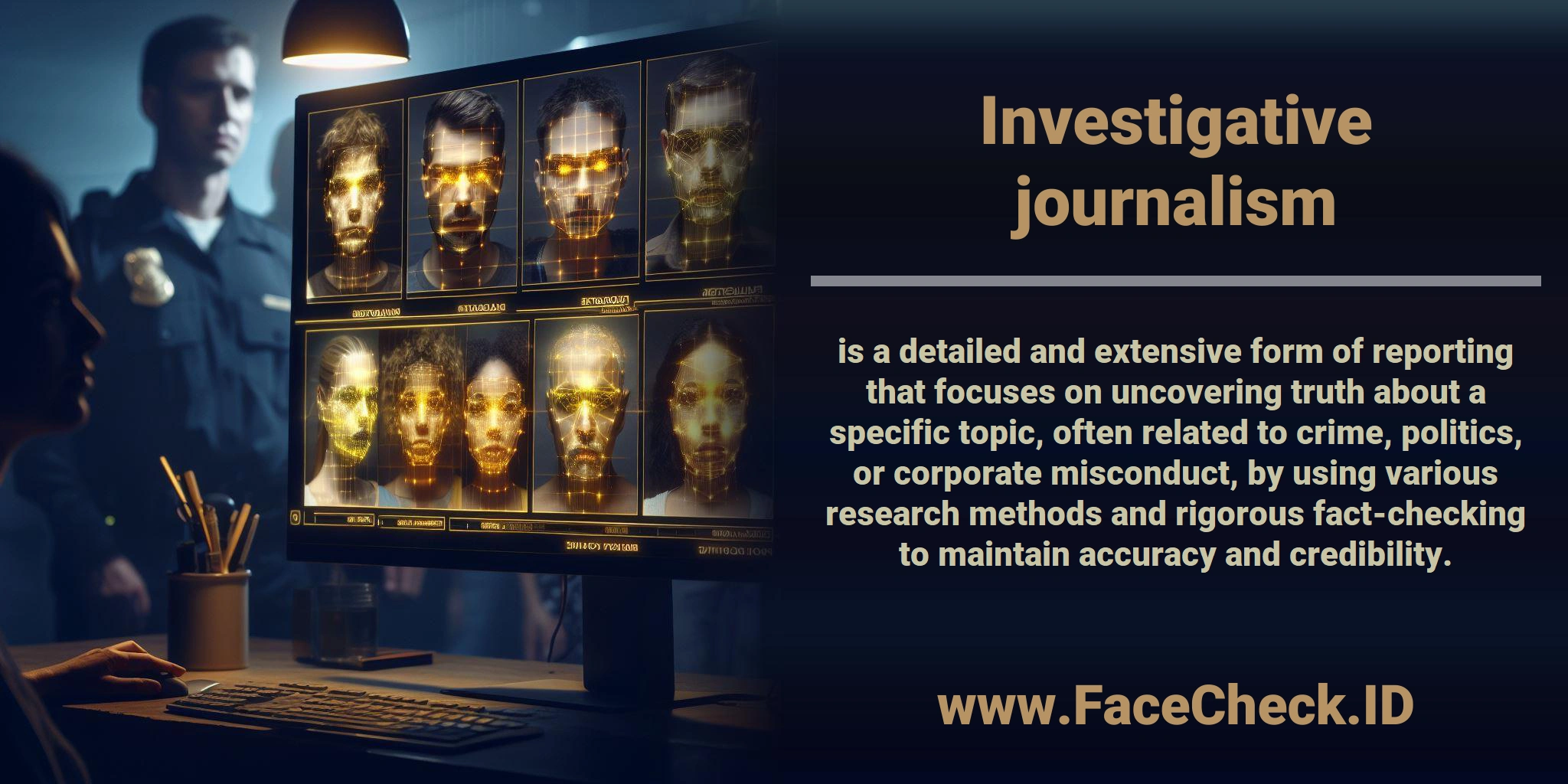 <b>Investigative journalism</b> is a detailed and extensive form of reporting that focuses on uncovering truth about a specific topic, often related to crime, politics, or corporate misconduct, by using various research methods and rigorous fact-checking to maintain accuracy and credibility.