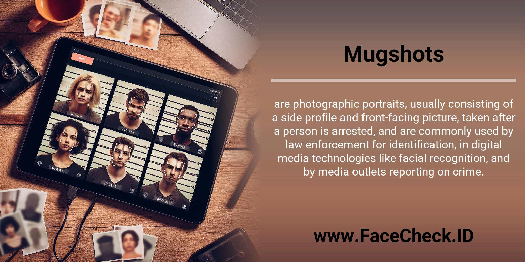 Mugshots are photographic portraits, usually consisting of a side profile and front-facing picture, taken after a person is arrested, and are commonly used by law enforcement for identification, in digital media technologies like facial recognition, and by media outlets reporting on crime.