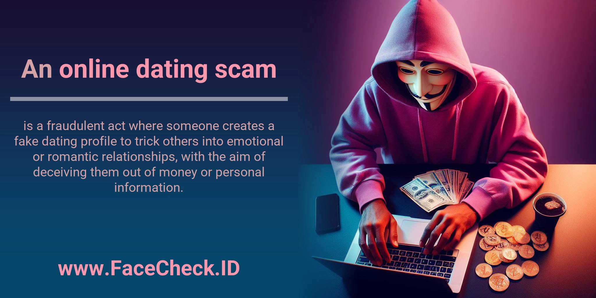An online dating scam is a fraudulent act where someone creates a fake dating profile to trick others into emotional or romantic relationships, with the aim of deceiving them out of money or personal information.