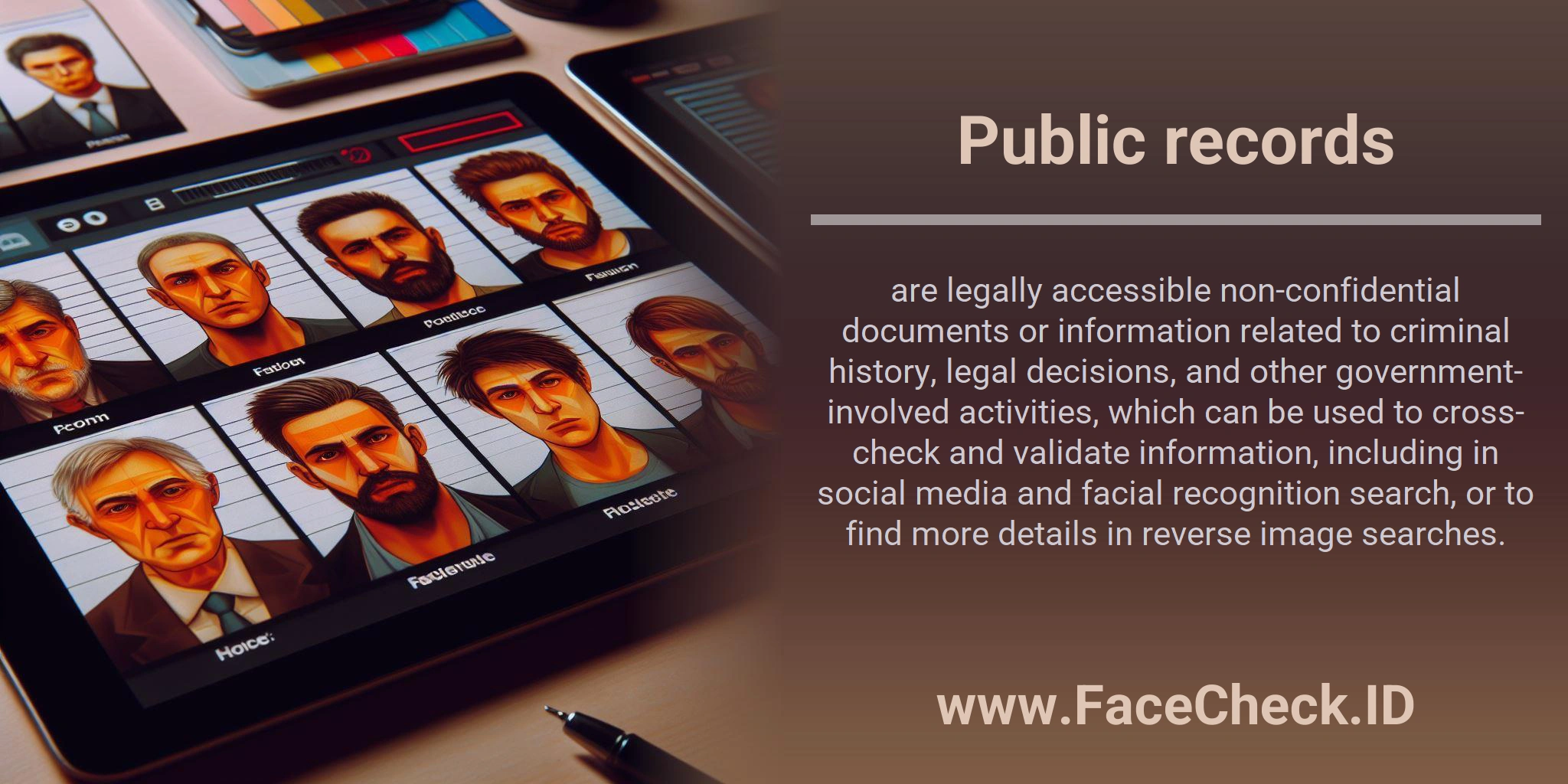 Public records are legally accessible non-confidential documents or information related to criminal history, legal decisions, and other government-involved activities, which can be used to cross-check and validate information, including in social media and facial recognition search, or to find more details in reverse image searches.
