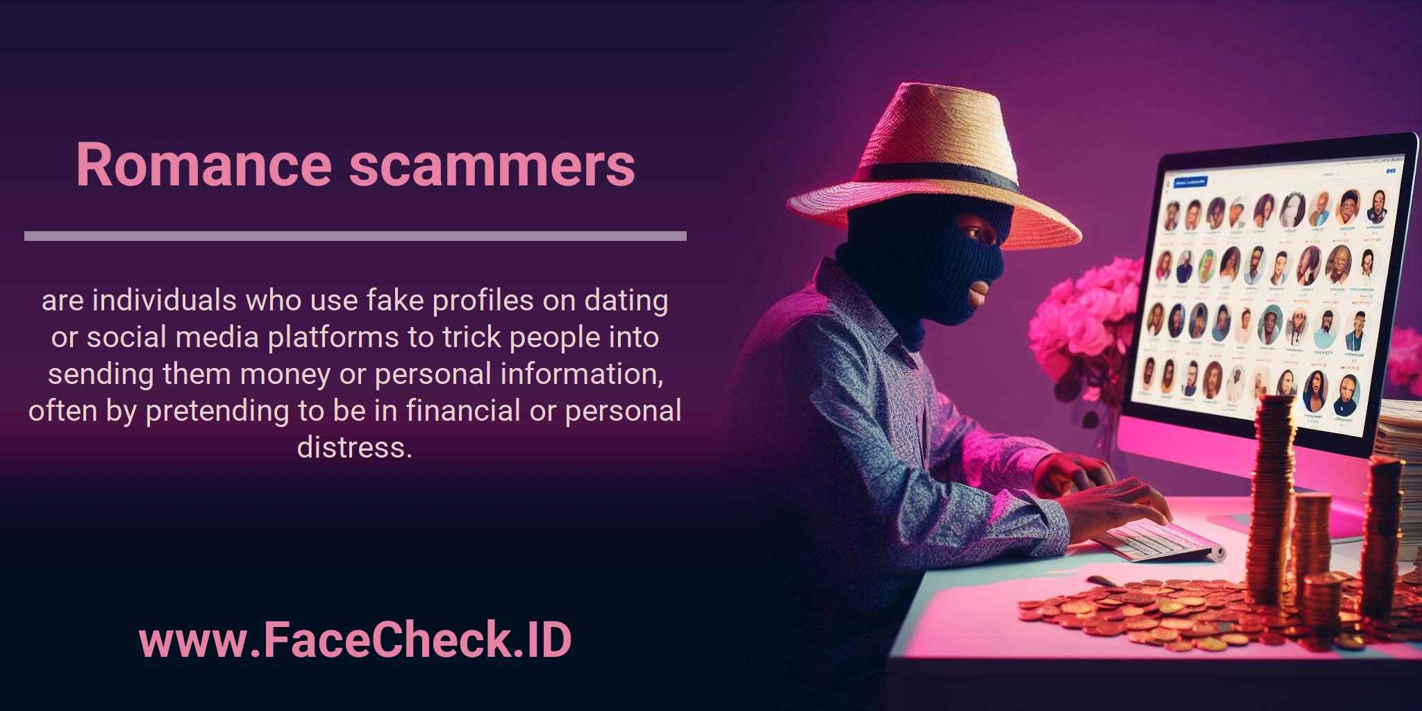 Romance scammers are individuals who use fake profiles on dating or social media platforms to trick people into sending them money or personal information, often by pretending to be in financial or personal distress.