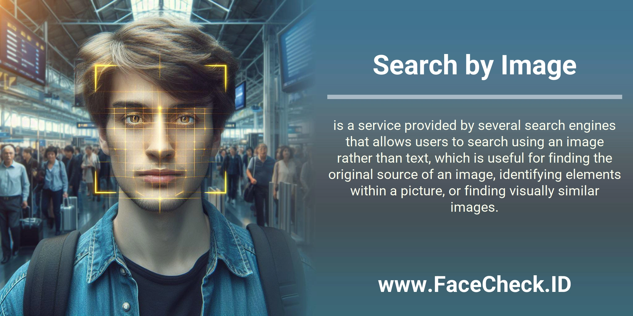 Search by Image is a service provided by several search engines that allows users to search using an image rather than text, which is useful for finding the original source of an image, identifying elements within a picture, or finding visually similar images.
