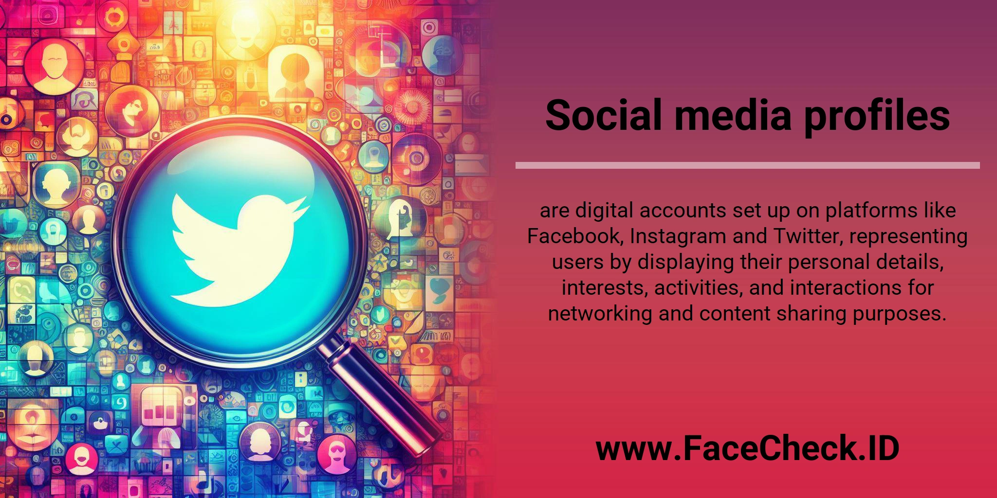 Social media profiles are digital accounts set up on platforms like Facebook, Instagram and Twitter, representing users by displaying their personal details, interests, activities, and interactions for networking and content sharing purposes.