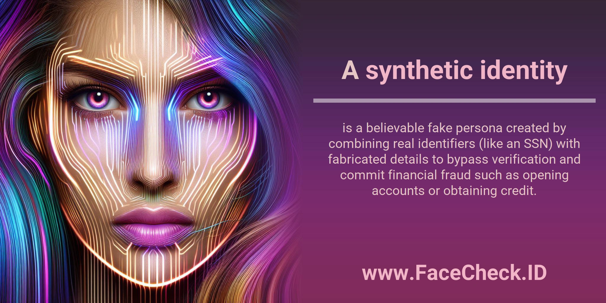A synthetic identity is a believable fake persona created by combining real identifiers (like an SSN) with fabricated details to bypass verification and commit financial fraud such as opening accounts or obtaining credit.