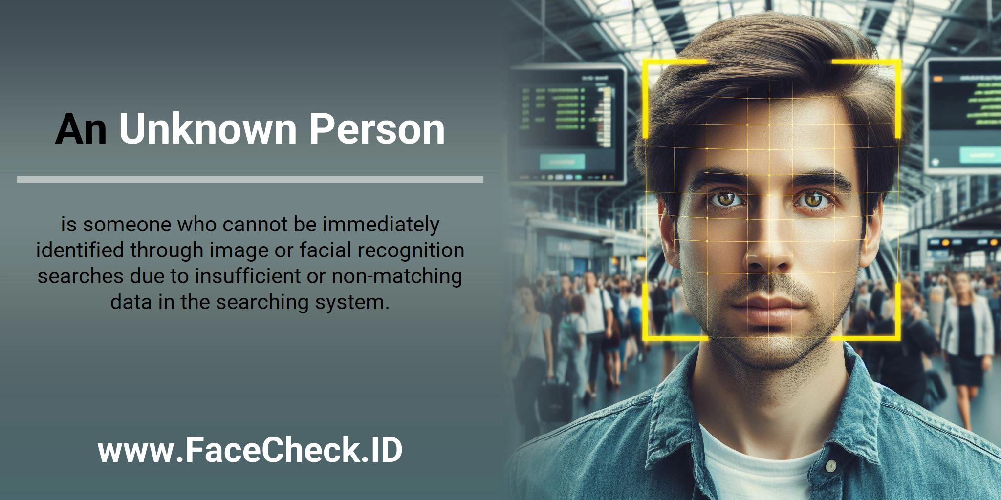 An Unknown Person is someone who cannot be immediately identified through image or facial recognition searches due to insufficient or non-matching data in the searching system.