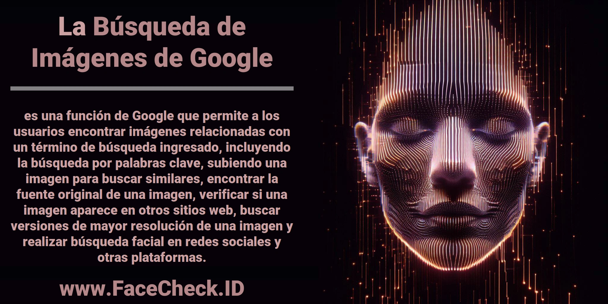 La <b>Búsqueda de Imágenes de Google</b> es una función de Google que permite a los usuarios encontrar imágenes relacionadas con un término de búsqueda ingresado, incluyendo la búsqueda por palabras clave, subiendo una imagen para buscar similares, encontrar la fuente original de una imagen, verificar si una imagen aparece en otros sitios web, buscar versiones de mayor resolución de una imagen y realizar búsqueda facial en redes sociales y otras plataformas.