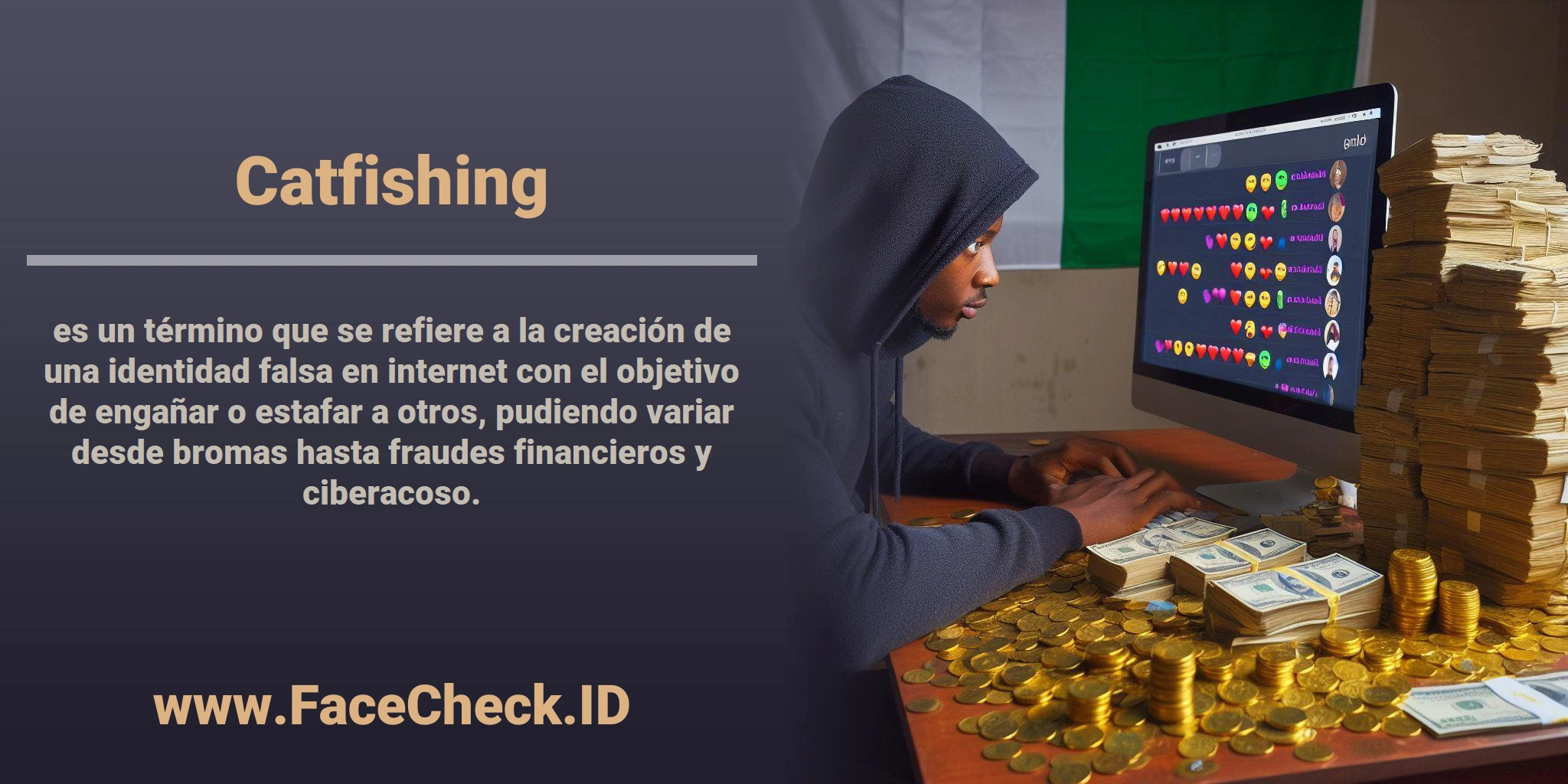 <b>Catfishing</b> es un término que se refiere a la creación de una identidad falsa en internet con el objetivo de engañar o estafar a otros, pudiendo variar desde bromas hasta fraudes financieros y ciberacoso.