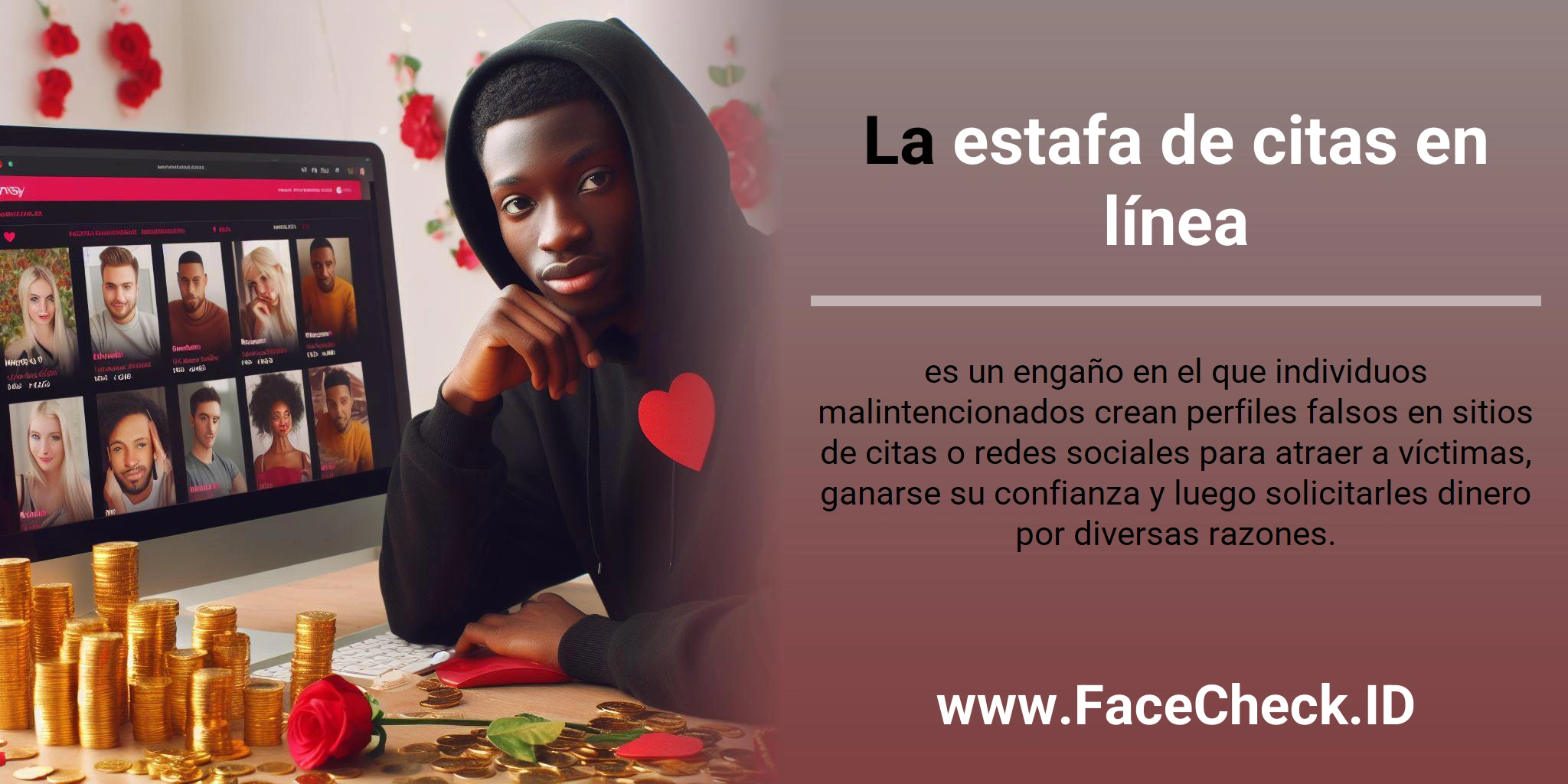 La estafa de citas en línea es un engaño en el que individuos malintencionados crean perfiles falsos en sitios de citas o redes sociales para atraer a víctimas, ganarse su confianza y luego solicitarles dinero por diversas razones.