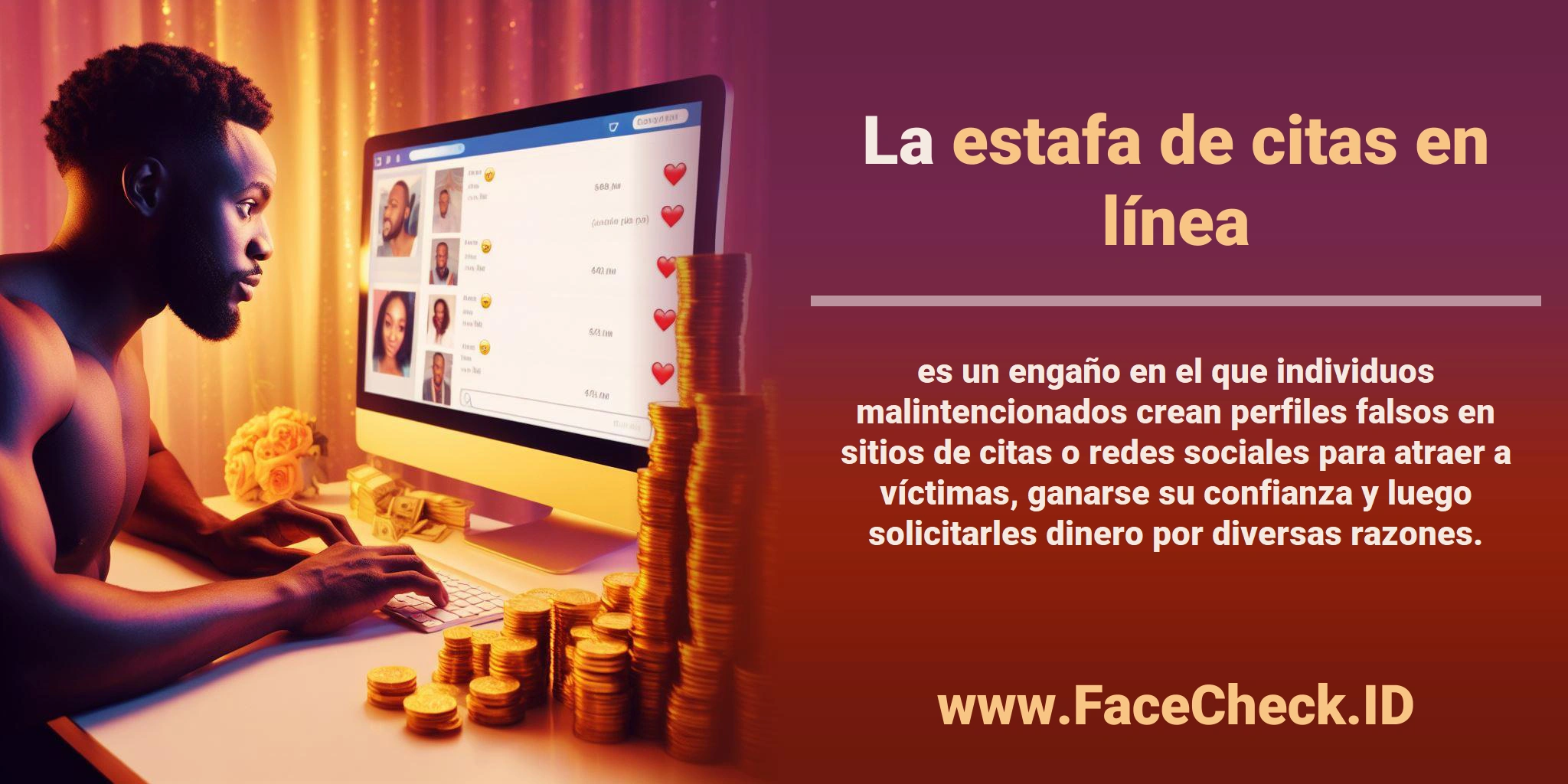 La <b>estafa de citas en línea</b> es un engaño en el que individuos malintencionados crean perfiles falsos en sitios de citas o redes sociales para atraer a víctimas, ganarse su confianza y luego solicitarles dinero por diversas razones.