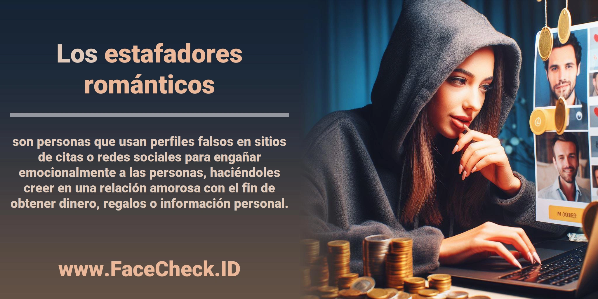 Los <b>estafadores románticos</b> son personas que usan perfiles falsos en sitios de citas o redes sociales para engañar emocionalmente a las personas, haciéndoles creer en una relación amorosa con el fin de obtener dinero, regalos o información personal.