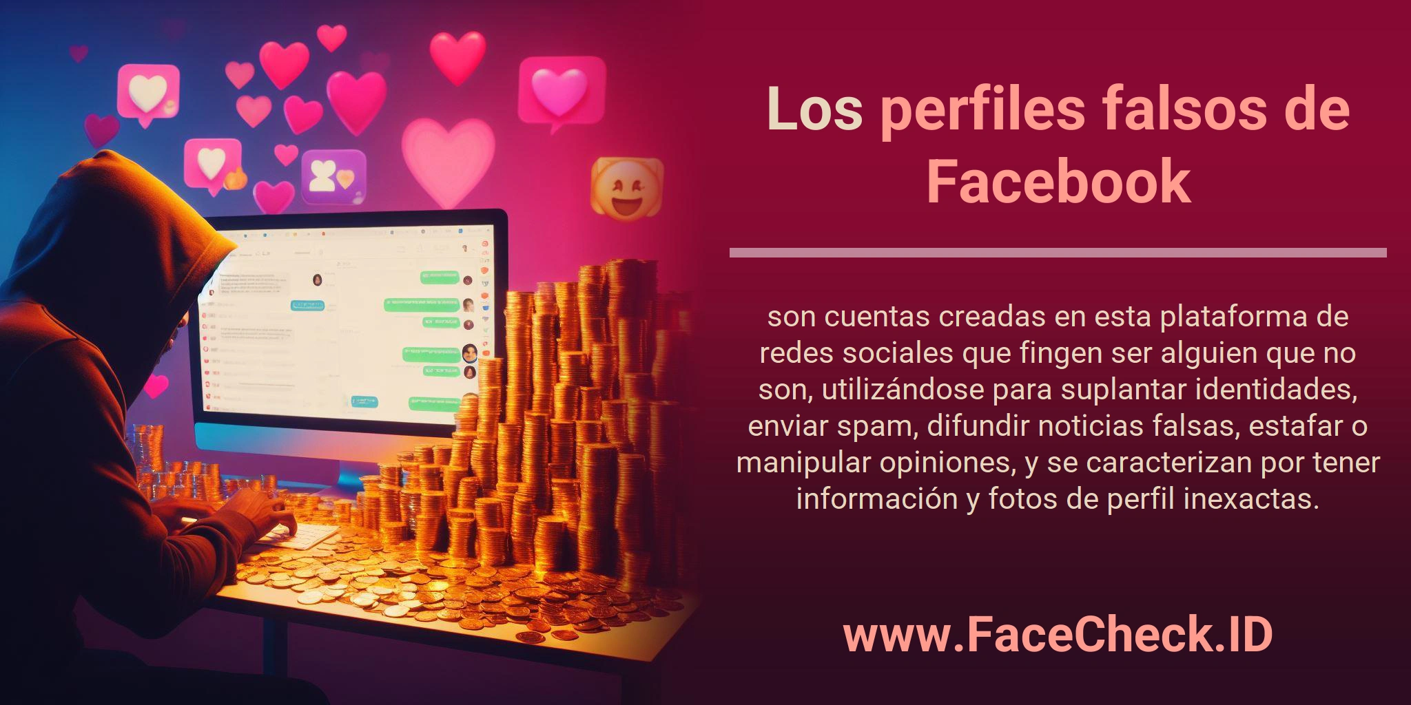 Los perfiles falsos de Facebook son cuentas creadas en esta plataforma de redes sociales que fingen ser alguien que no son, utilizándose para suplantar identidades, enviar spam, difundir noticias falsas, estafar o manipular opiniones, y se caracterizan por tener información y fotos de perfil inexactas.