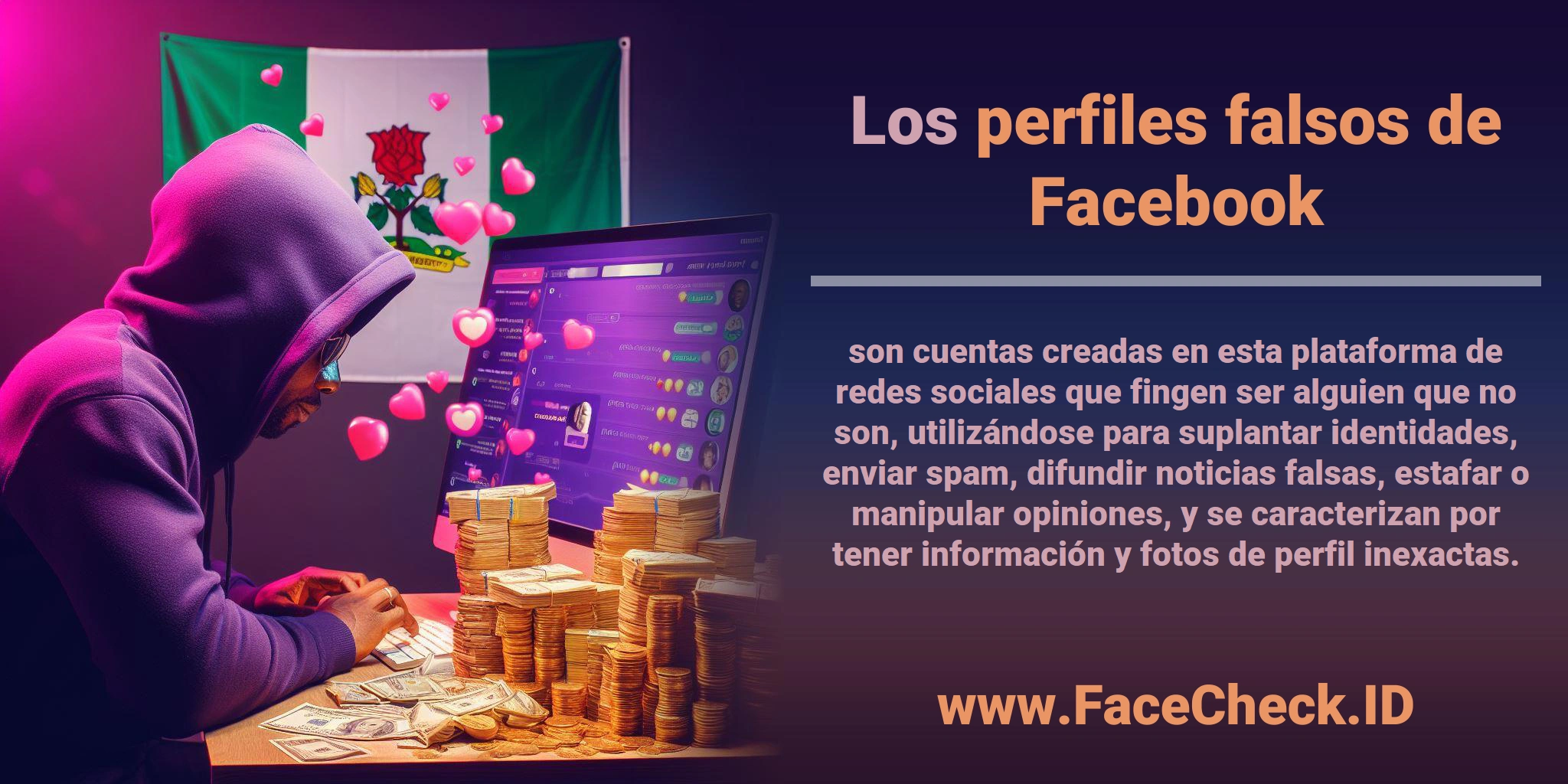 Los <b>perfiles falsos de Facebook</b> son cuentas creadas en esta plataforma de redes sociales que fingen ser alguien que no son, utilizándose para suplantar identidades, enviar spam, difundir noticias falsas, estafar o manipular opiniones, y se caracterizan por tener información y fotos de perfil inexactas.