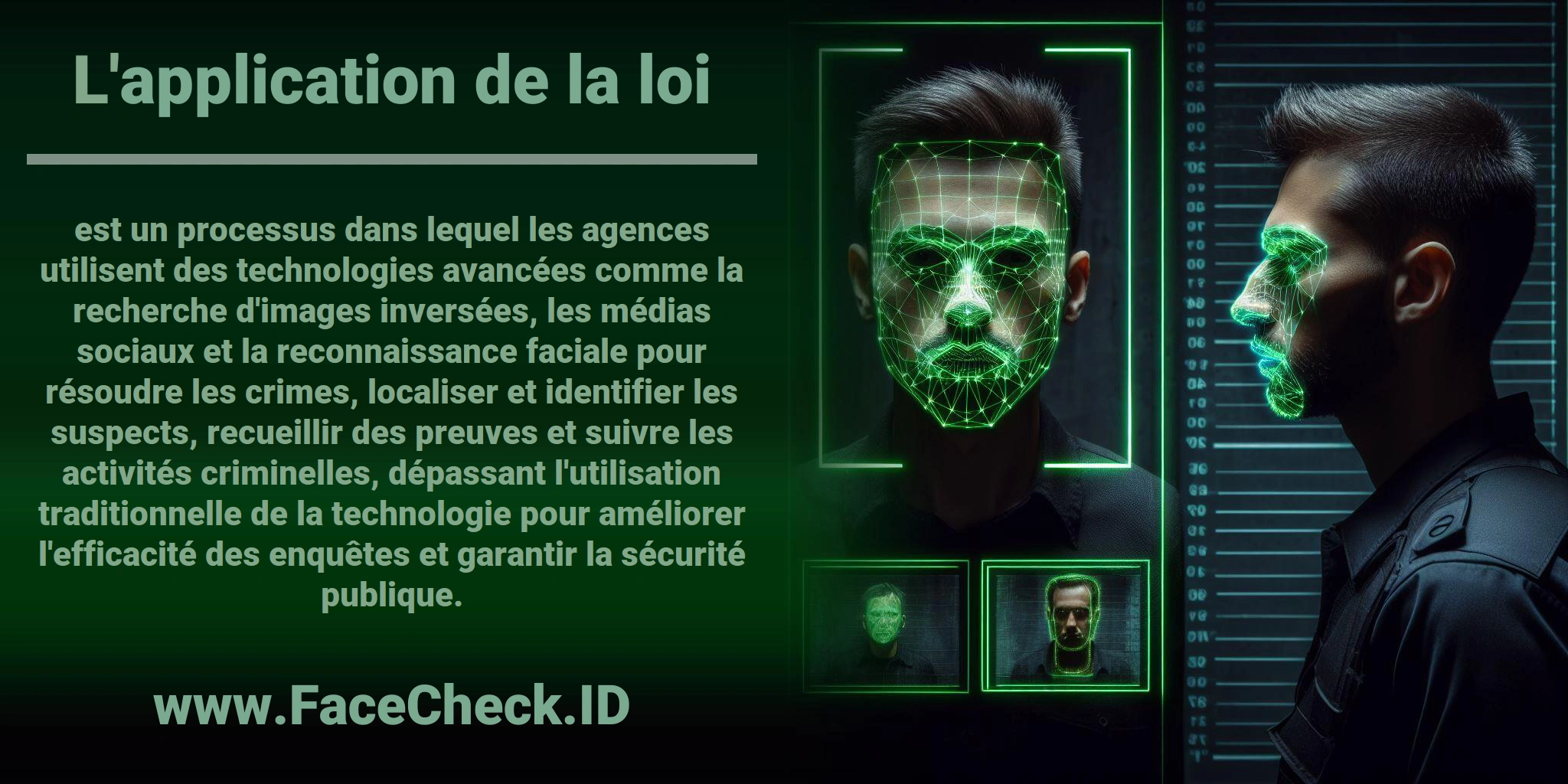 L'<b>application de la loi</b> est un processus dans lequel les agences utilisent des technologies avancées comme la recherche d'images inversées, les médias sociaux et la reconnaissance faciale pour résoudre les crimes, localiser et identifier les suspects, recueillir des preuves et suivre les activités criminelles, dépassant l'utilisation traditionnelle de la technologie pour améliorer l'efficacité des enquêtes et garantir la sécurité publique.
