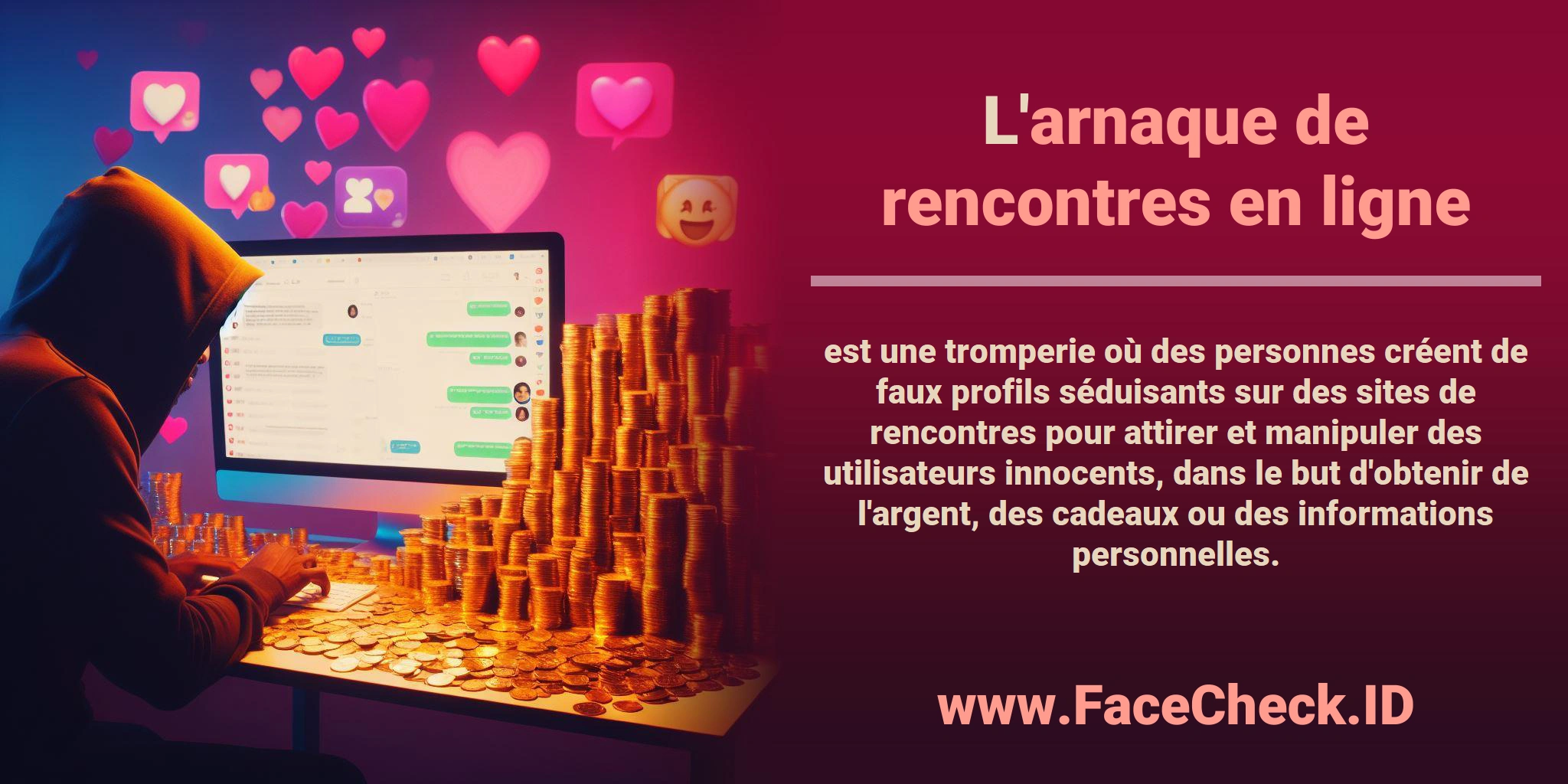 L'<b>arnaque de rencontres en ligne</b> est une tromperie où des personnes créent de faux profils séduisants sur des sites de rencontres pour attirer et manipuler des utilisateurs innocents, dans le but d'obtenir de l'argent, des cadeaux ou des informations personnelles.