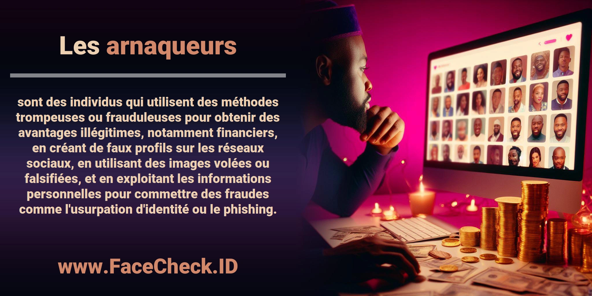 Les <b>arnaqueurs</b> sont des individus qui utilisent des méthodes trompeuses ou frauduleuses pour obtenir des avantages illégitimes, notamment financiers, en créant de faux profils sur les réseaux sociaux, en utilisant des images volées ou falsifiées, et en exploitant les informations personnelles pour commettre des fraudes comme l'usurpation d'identité ou le phishing.
