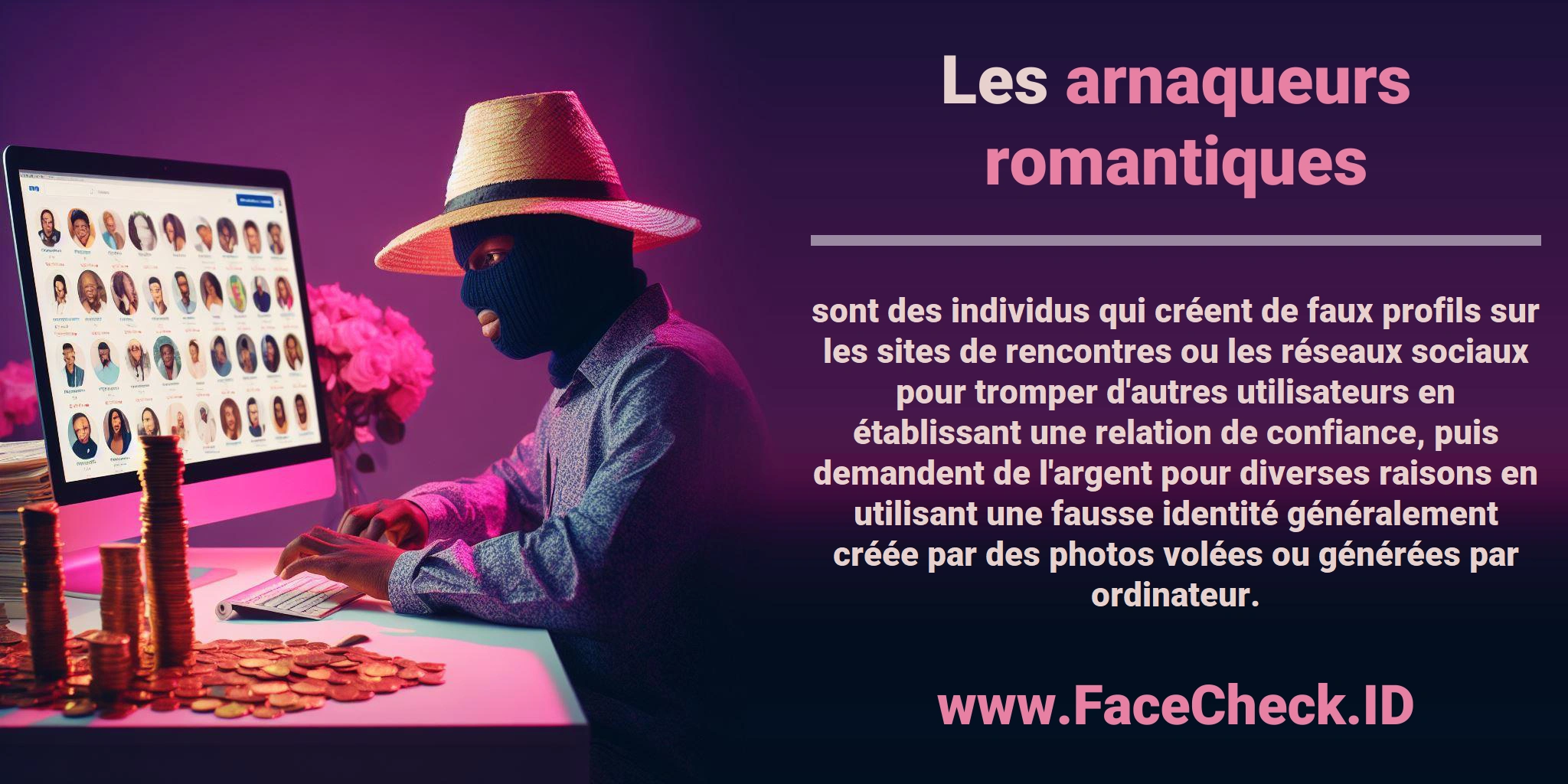 Les <b>arnaqueurs romantiques</b> sont des individus qui créent de faux profils sur les sites de rencontres ou les réseaux sociaux pour tromper d'autres utilisateurs en établissant une relation de confiance, puis demandent de l'argent pour diverses raisons en utilisant une fausse identité généralement créée par des photos volées ou générées par ordinateur.