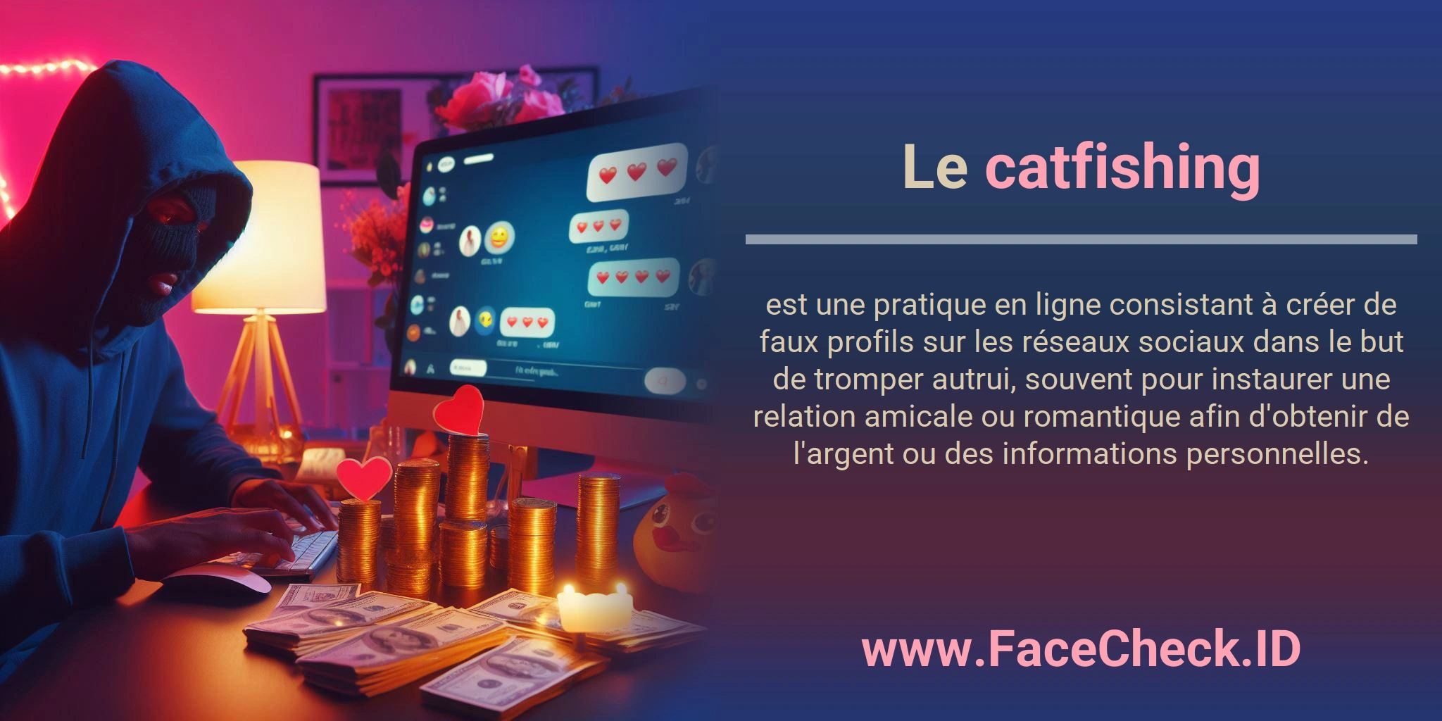 Le catfishing est une pratique en ligne consistant à créer de faux profils sur les réseaux sociaux dans le but de tromper autrui, souvent pour instaurer une relation amicale ou romantique afin d'obtenir de l'argent ou des informations personnelles.