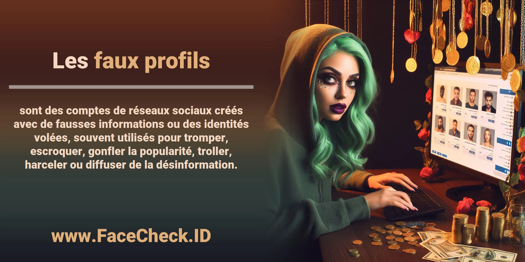 Les <b>faux profils</b> sont des comptes de réseaux sociaux créés avec de fausses informations ou des identités volées, souvent utilisés pour tromper, escroquer, gonfler la popularité, troller, harceler ou diffuser de la désinformation.