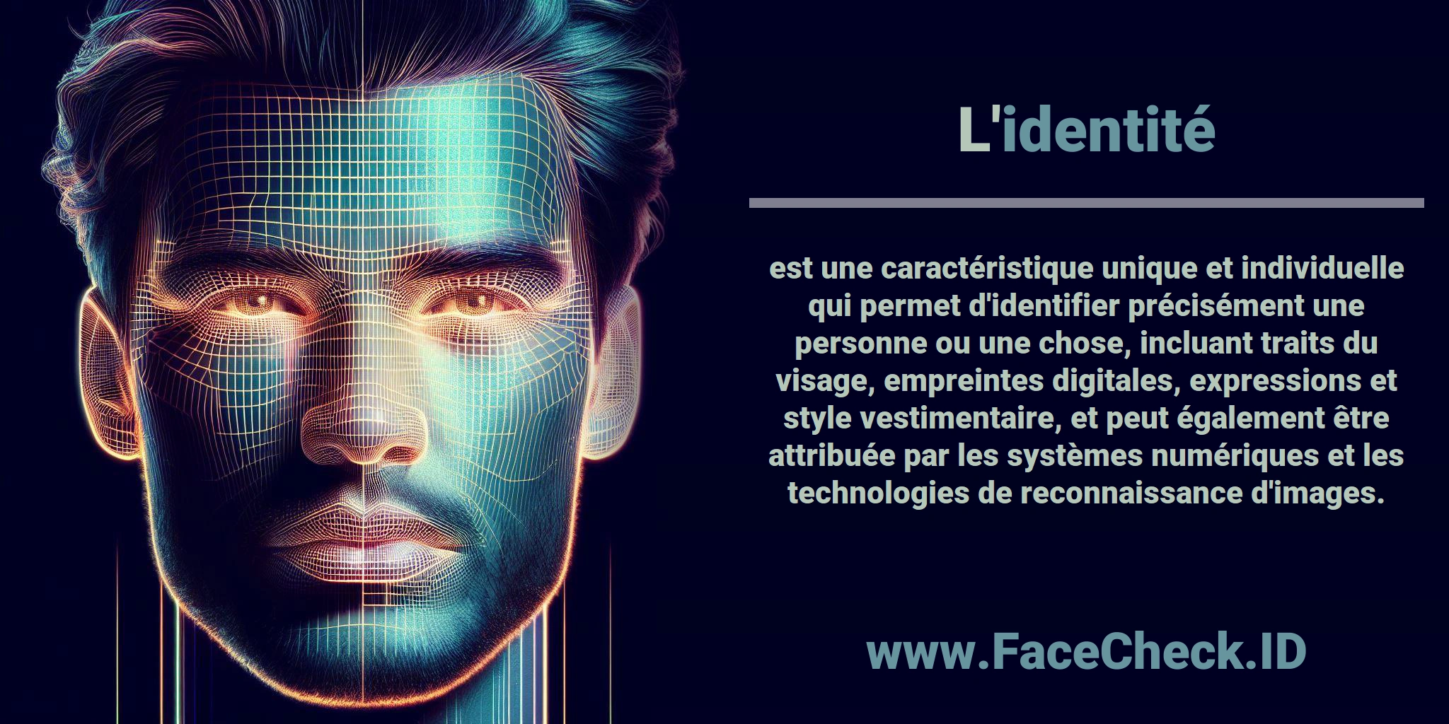 L'<b>identité</b> est une caractéristique unique et individuelle qui permet d'identifier précisément une personne ou une chose, incluant traits du visage, empreintes digitales, expressions et style vestimentaire, et peut également être attribuée par les systèmes numériques et les technologies de reconnaissance d'images.