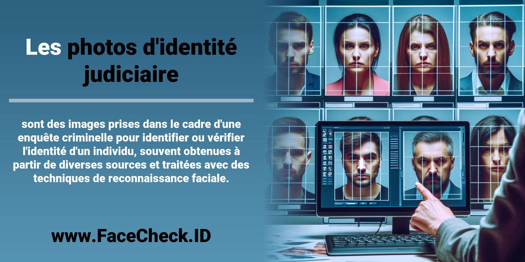 Les <b>photos d'identité judiciaire</b> sont des images prises dans le cadre d'une enquête criminelle pour identifier ou vérifier l'identité d'un individu, souvent obtenues à partir de diverses sources et traitées avec des techniques de reconnaissance faciale.