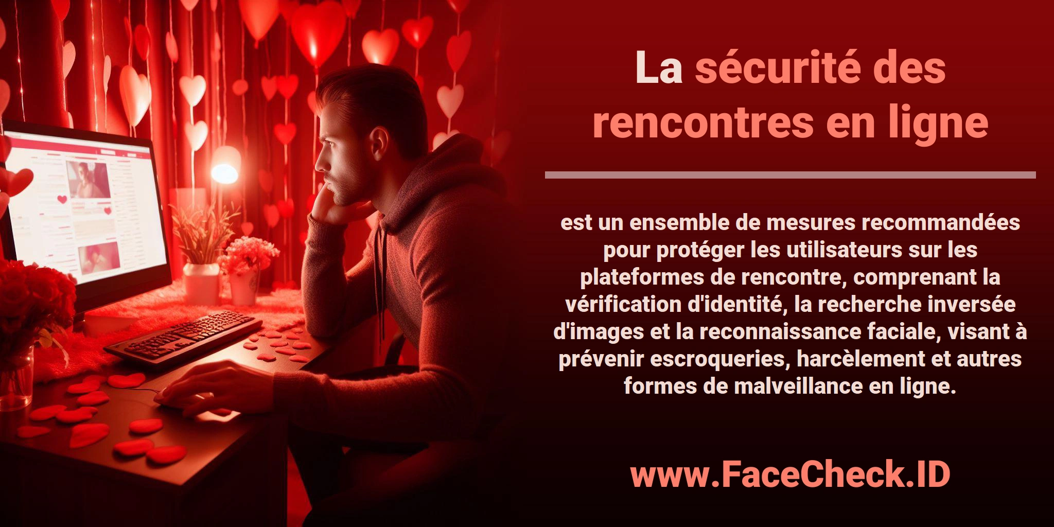 La <b>sécurité des rencontres en ligne</b> est un ensemble de mesures recommandées pour protéger les utilisateurs sur les plateformes de rencontre, comprenant la vérification d'identité, la recherche inversée d'images et la reconnaissance faciale, visant à prévenir escroqueries, harcèlement et autres formes de malveillance en ligne.