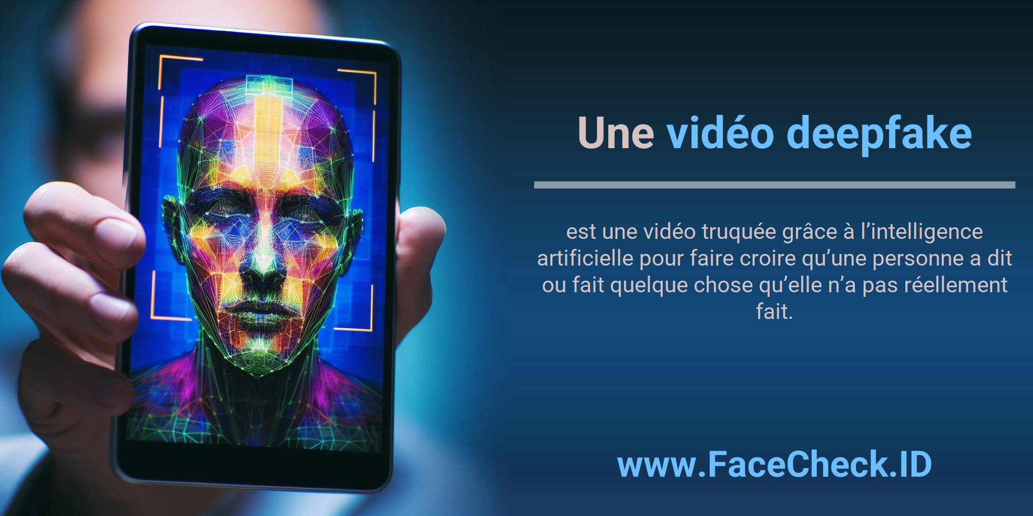 Une vidéo deepfake est une vidéo truquée grâce à l’intelligence artificielle pour faire croire qu’une personne a dit ou fait quelque chose qu’elle n’a pas réellement fait.