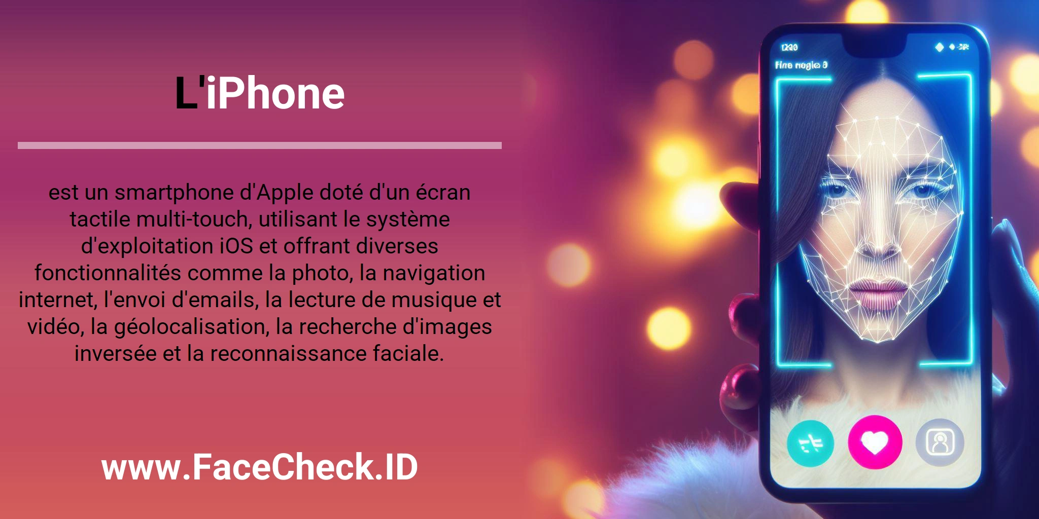 L'iPhone est un smartphone d'Apple doté d'un écran tactile multi-touch, utilisant le système d'exploitation iOS et offrant diverses fonctionnalités comme la photo, la navigation internet, l'envoi d'emails, la lecture de musique et vidéo, la géolocalisation, la recherche d'images inversée et la reconnaissance faciale.
