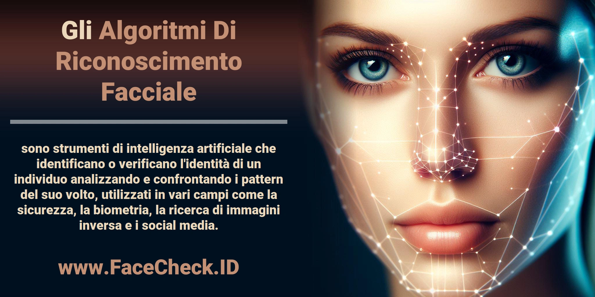Gli <b>Algoritmi Di Riconoscimento Facciale</b> sono strumenti di intelligenza artificiale che identificano o verificano l'identità di un individuo analizzando e confrontando i pattern del suo volto, utilizzati in vari campi come la sicurezza, la biometria, la ricerca di immagini inversa e i social media.