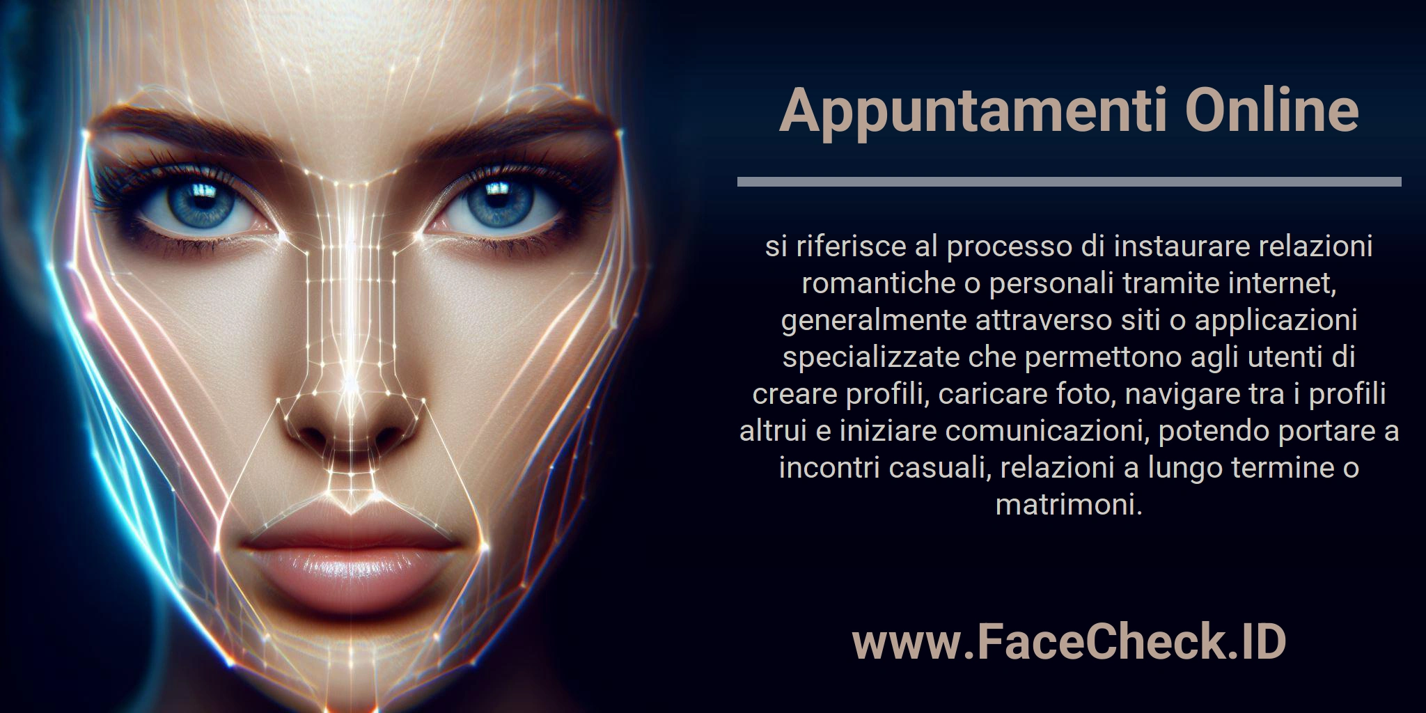 Appuntamenti Online si riferisce al processo di instaurare relazioni romantiche o personali tramite internet, generalmente attraverso siti o applicazioni specializzate che permettono agli utenti di creare profili, caricare foto, navigare tra i profili altrui e iniziare comunicazioni, potendo portare a incontri casuali, relazioni a lungo termine o matrimoni.