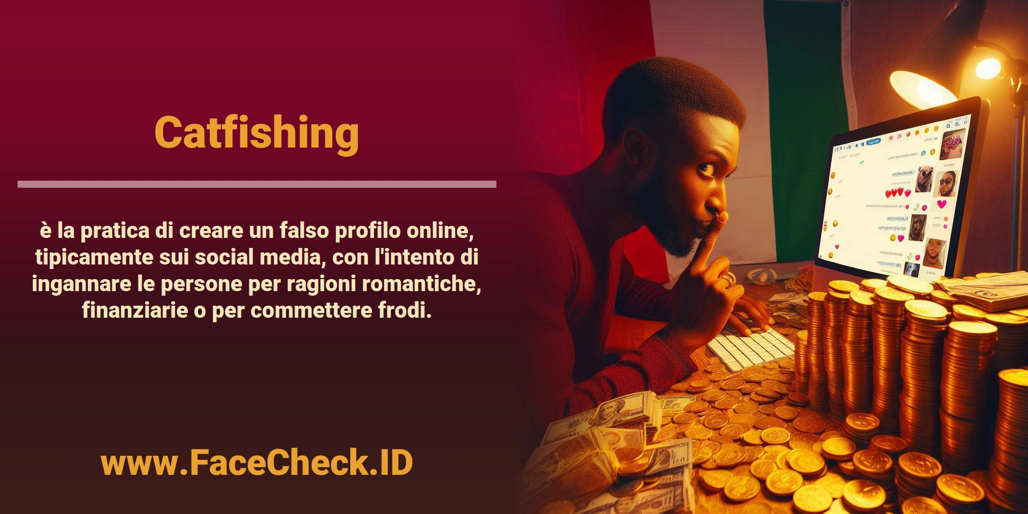 <b>Catfishing</b> è la pratica di creare un falso profilo online, tipicamente sui social media, con l'intento di ingannare le persone per ragioni romantiche, finanziarie o per commettere frodi.