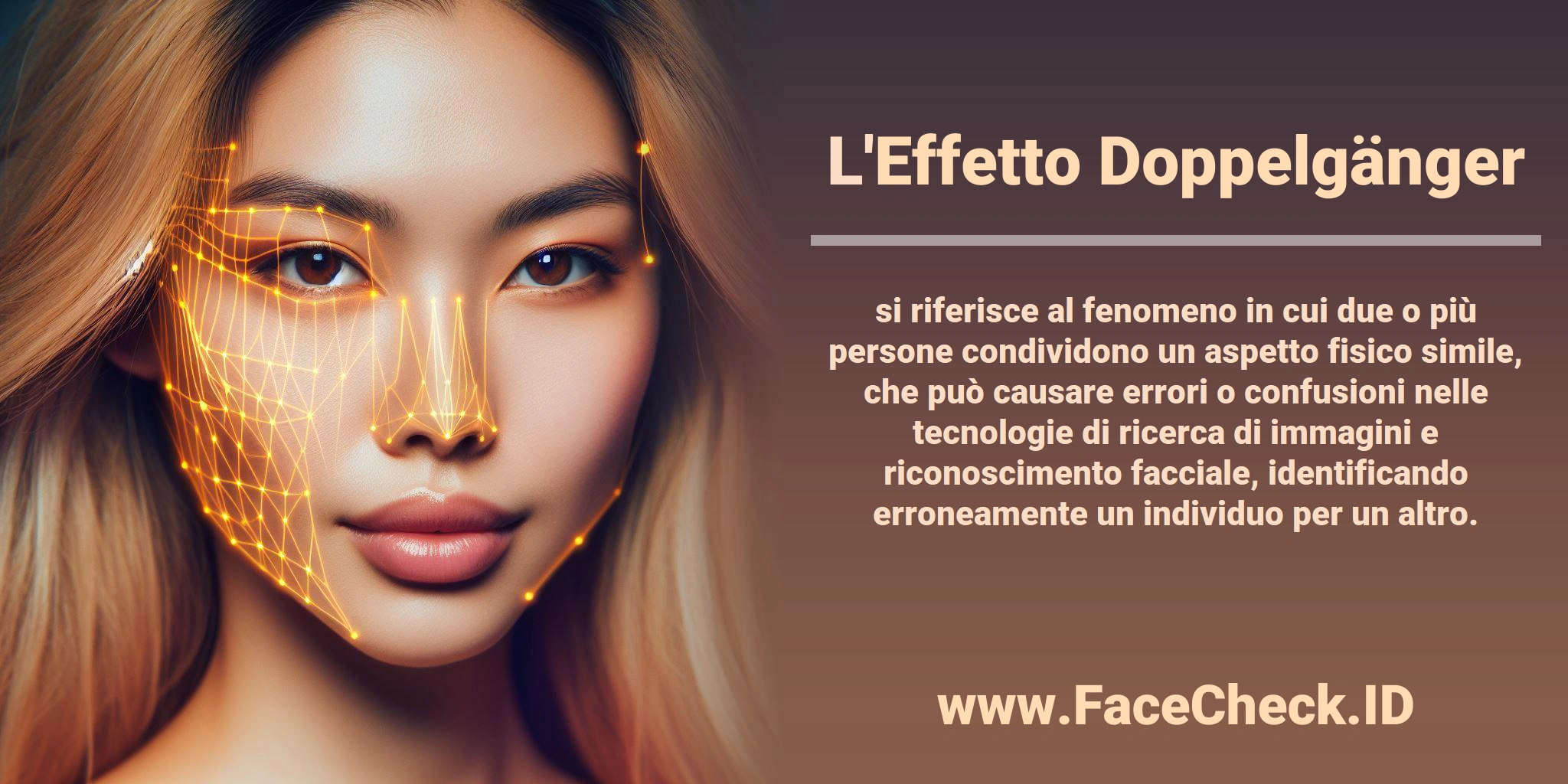 L'<b>Effetto Doppelgänger</b> si riferisce al fenomeno in cui due o più persone condividono un aspetto fisico simile, che può causare errori o confusioni nelle tecnologie di ricerca di immagini e riconoscimento facciale, identificando erroneamente un individuo per un altro.