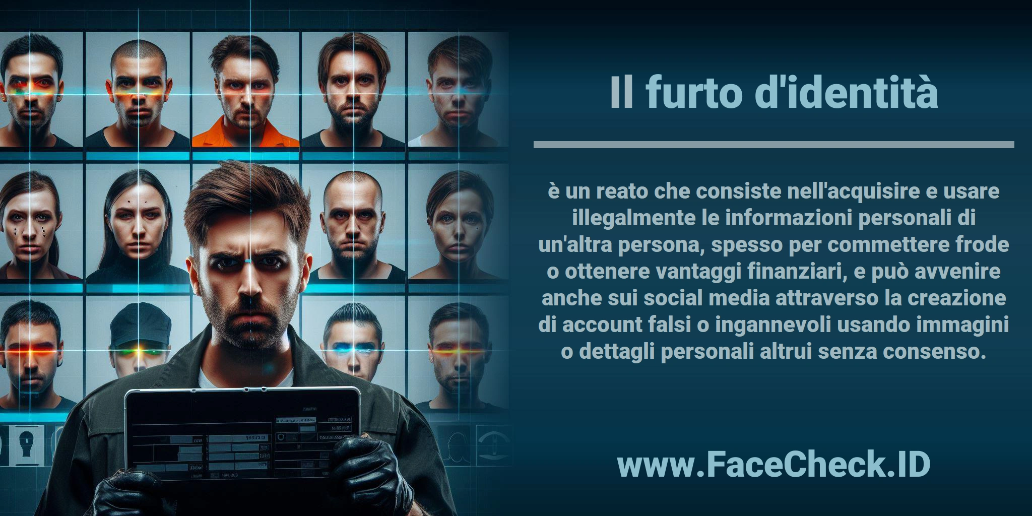 Il <b>furto d'identità</b> è un reato che consiste nell'acquisire e usare illegalmente le informazioni personali di un'altra persona, spesso per commettere frode o ottenere vantaggi finanziari, e può avvenire anche sui social media attraverso la creazione di account falsi o ingannevoli usando immagini o dettagli personali altrui senza consenso.