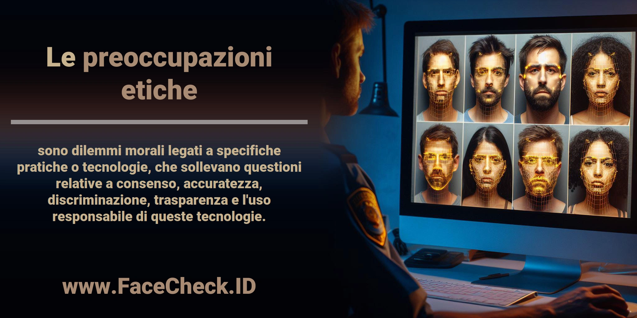 Le <b>preoccupazioni etiche</b> sono dilemmi morali legati a specifiche pratiche o tecnologie, che sollevano questioni relative a consenso, accuratezza, discriminazione, trasparenza e l'uso responsabile di queste tecnologie.