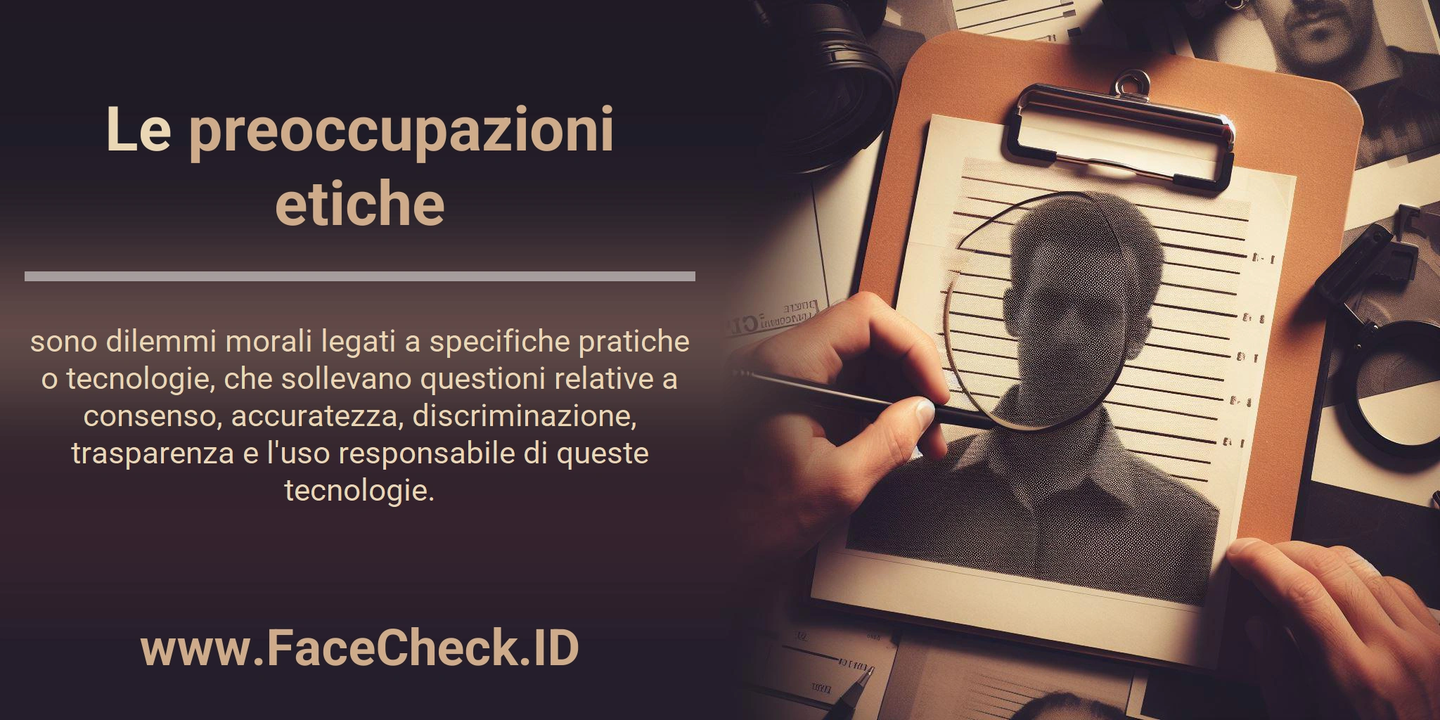Le preoccupazioni etiche sono dilemmi morali legati a specifiche pratiche o tecnologie, che sollevano questioni relative a consenso, accuratezza, discriminazione, trasparenza e l'uso responsabile di queste tecnologie.