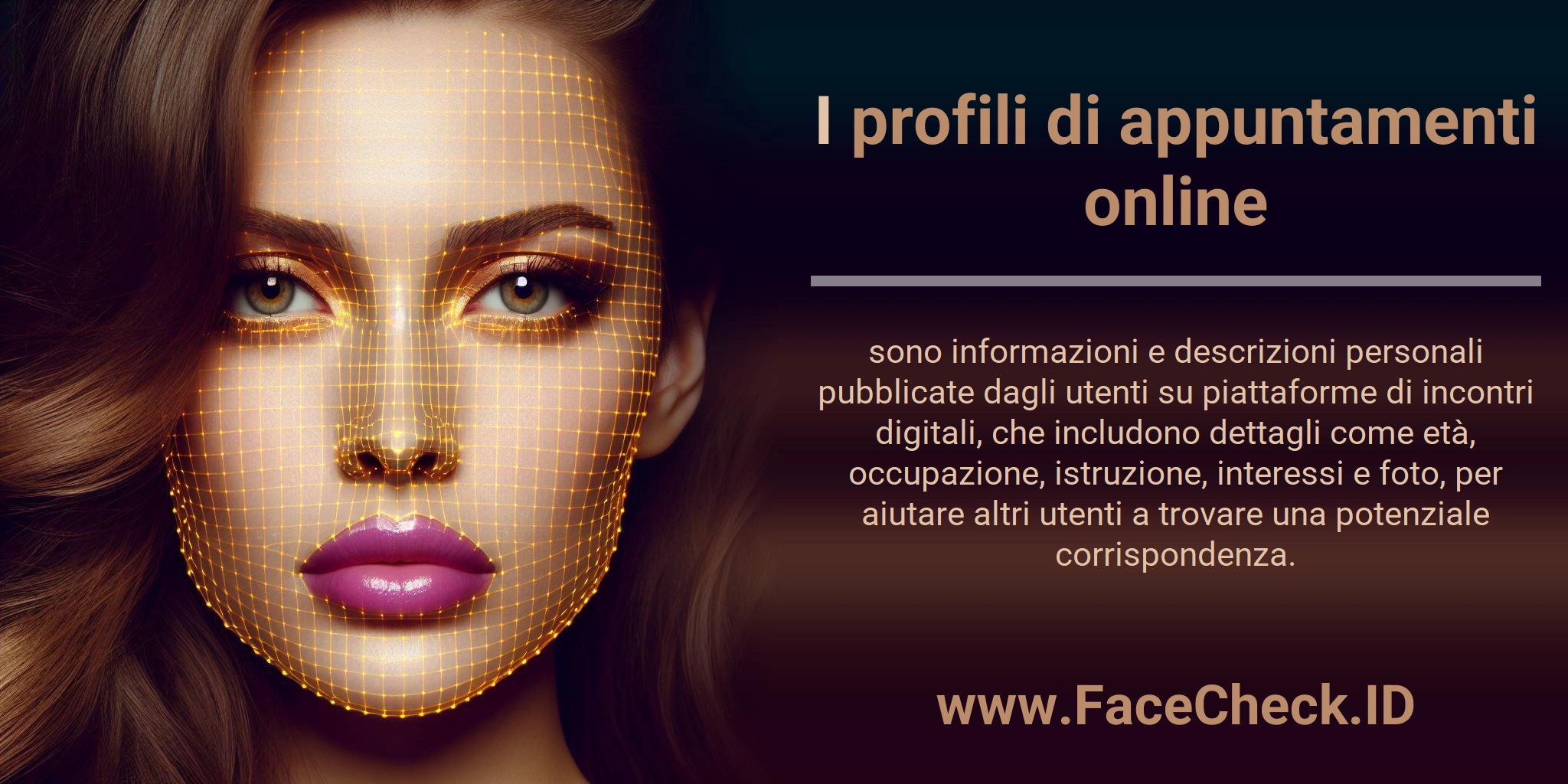 I profili di appuntamenti online sono informazioni e descrizioni personali pubblicate dagli utenti su piattaforme di incontri digitali, che includono dettagli come età, occupazione, istruzione, interessi e foto, per aiutare altri utenti a trovare una potenziale corrispondenza.