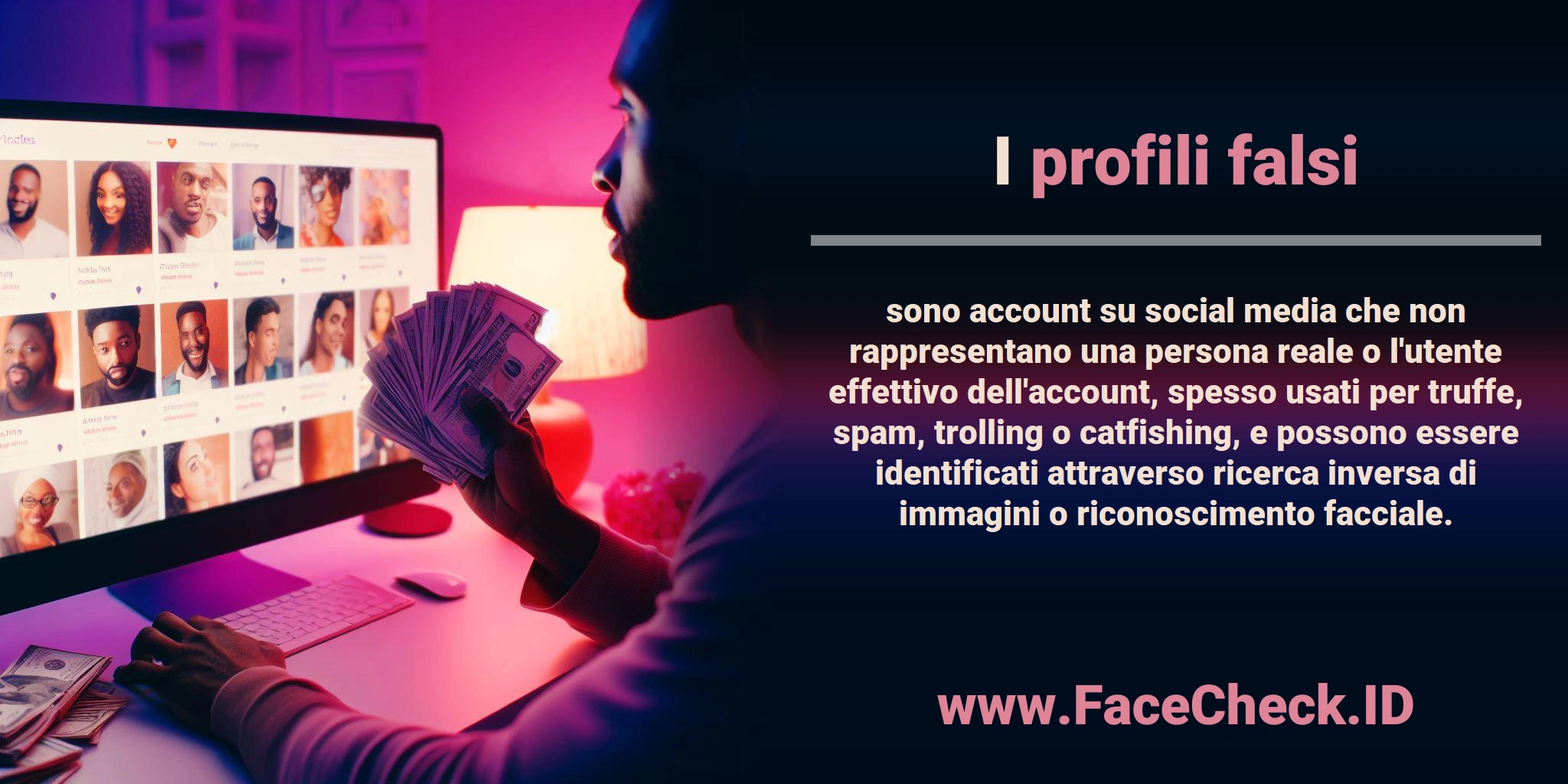 I <b>profili falsi</b> sono account su social media che non rappresentano una persona reale o l'utente effettivo dell'account, spesso usati per truffe, spam, trolling o catfishing, e possono essere identificati attraverso ricerca inversa di immagini o riconoscimento facciale.