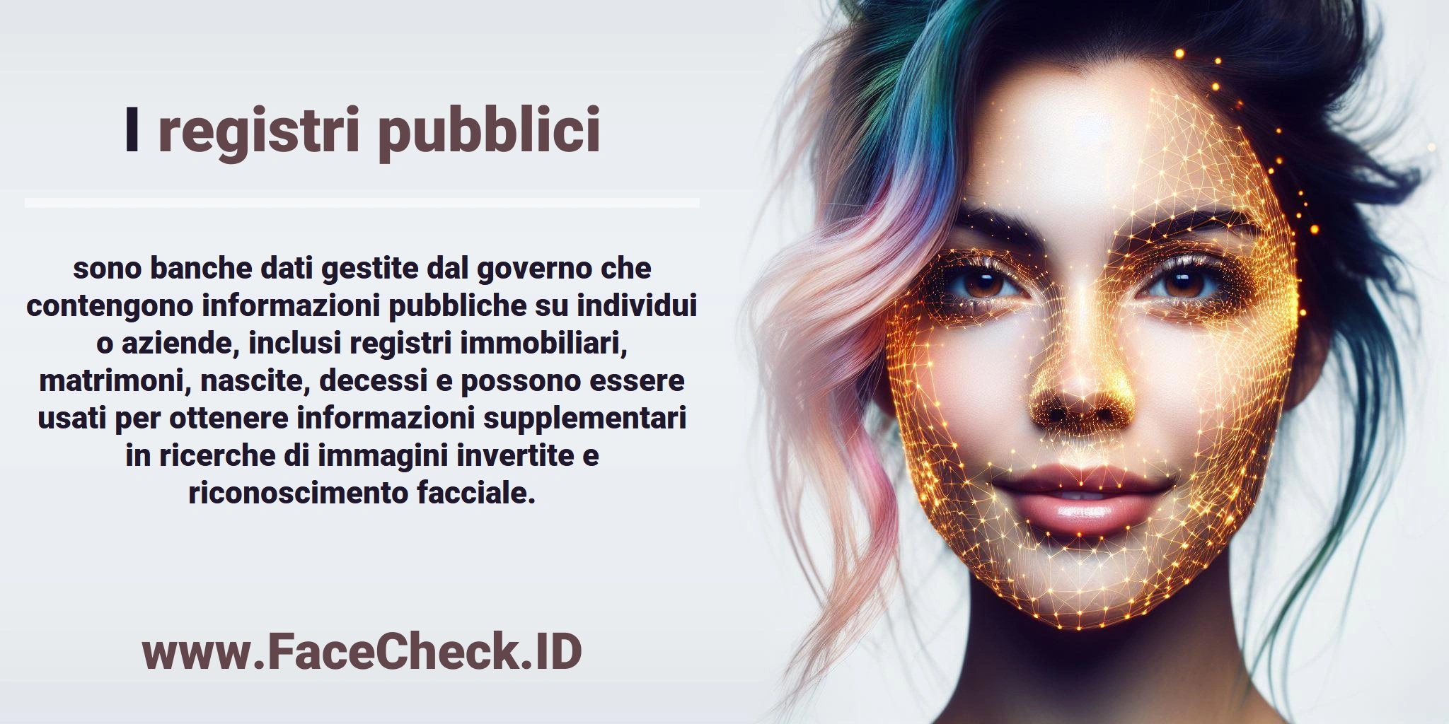 I <b>registri pubblici</b> sono banche dati gestite dal governo che contengono informazioni pubbliche su individui o aziende, inclusi registri immobiliari, matrimoni, nascite, decessi e possono essere usati per ottenere informazioni supplementari in ricerche di immagini invertite e riconoscimento facciale.