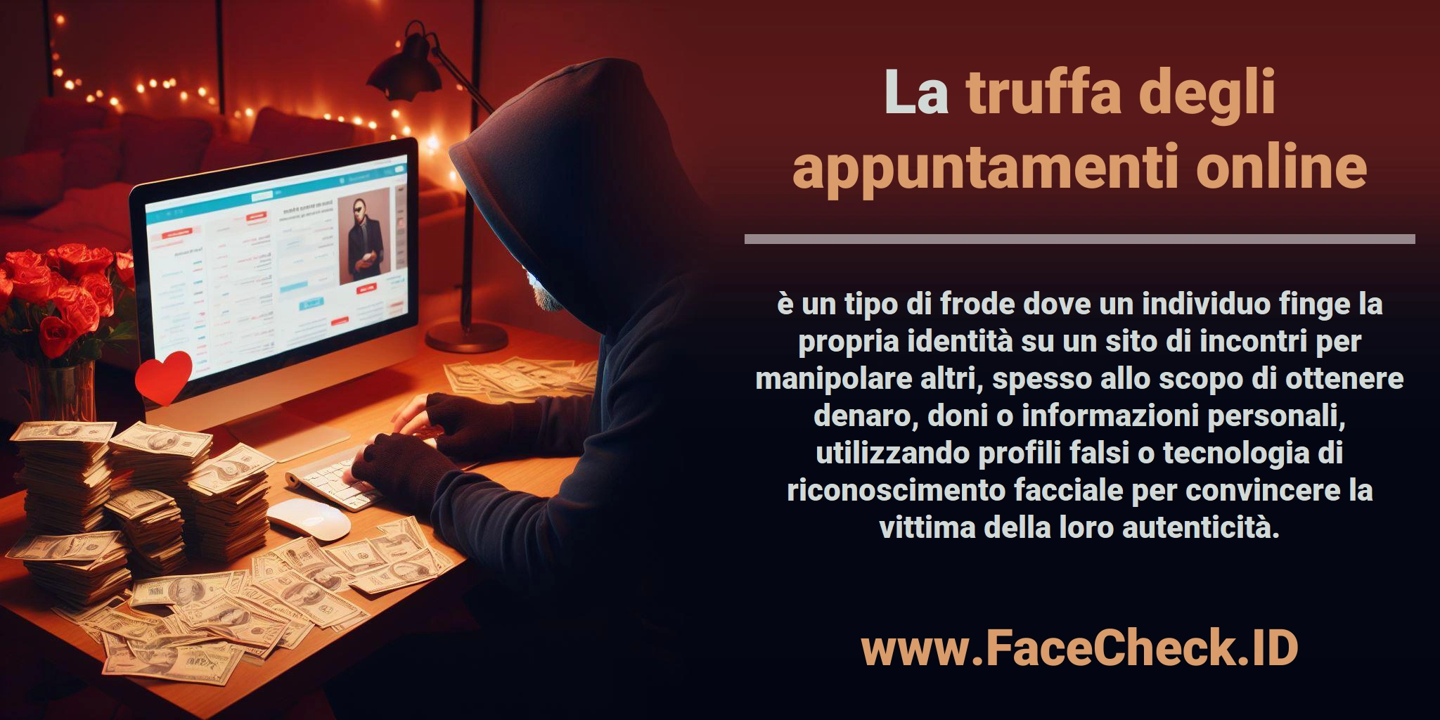 La <b>truffa degli appuntamenti online</b> è un tipo di frode dove un individuo finge la propria identità su un sito di incontri per manipolare altri, spesso allo scopo di ottenere denaro, doni o informazioni personali, utilizzando profili falsi o tecnologia di riconoscimento facciale per convincere la vittima della loro autenticità.