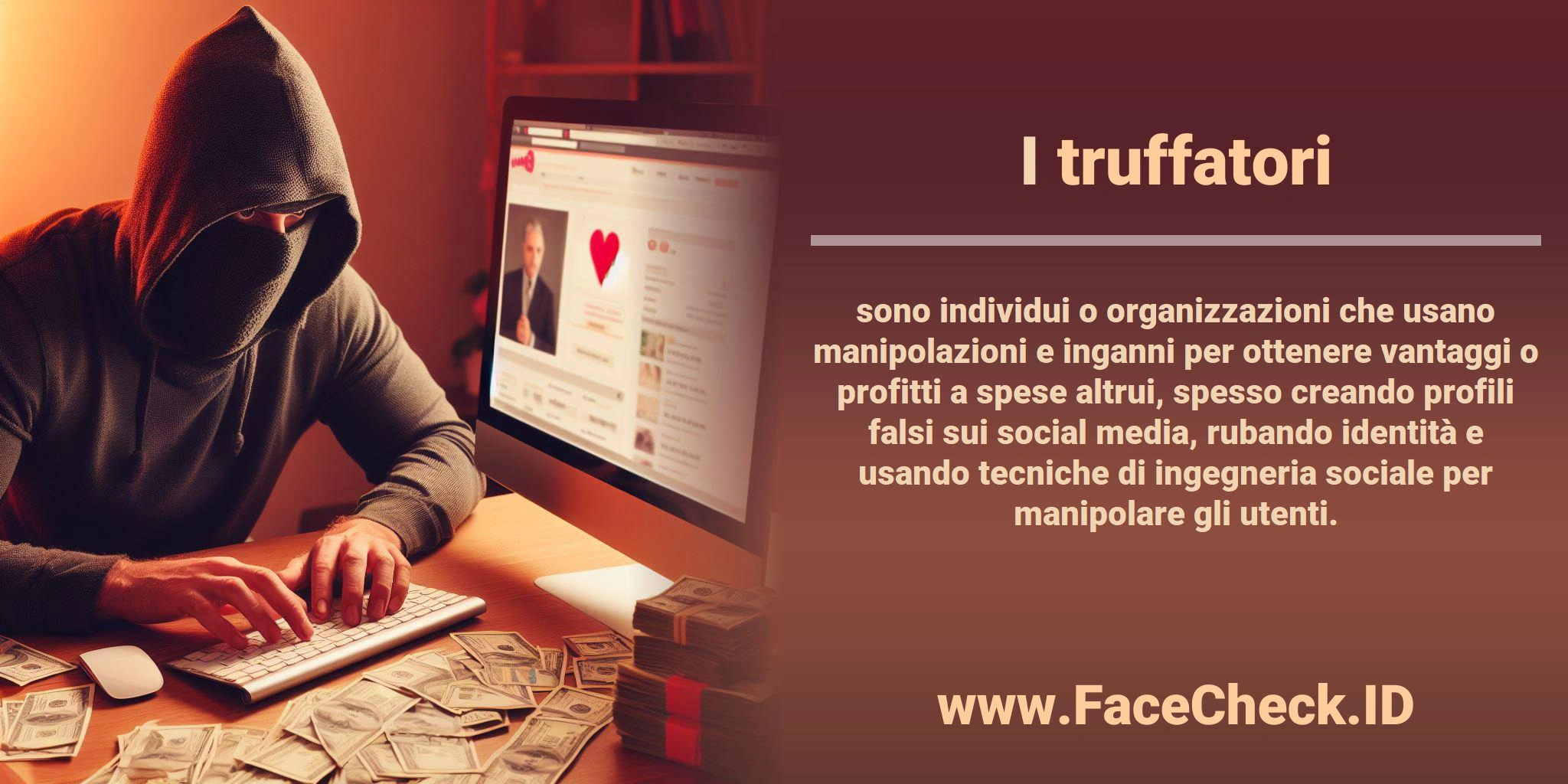 I <b>truffatori</b> sono individui o organizzazioni che usano manipolazioni e inganni per ottenere vantaggi o profitti a spese altrui, spesso creando profili falsi sui social media, rubando identità e usando tecniche di ingegneria sociale per manipolare gli utenti.