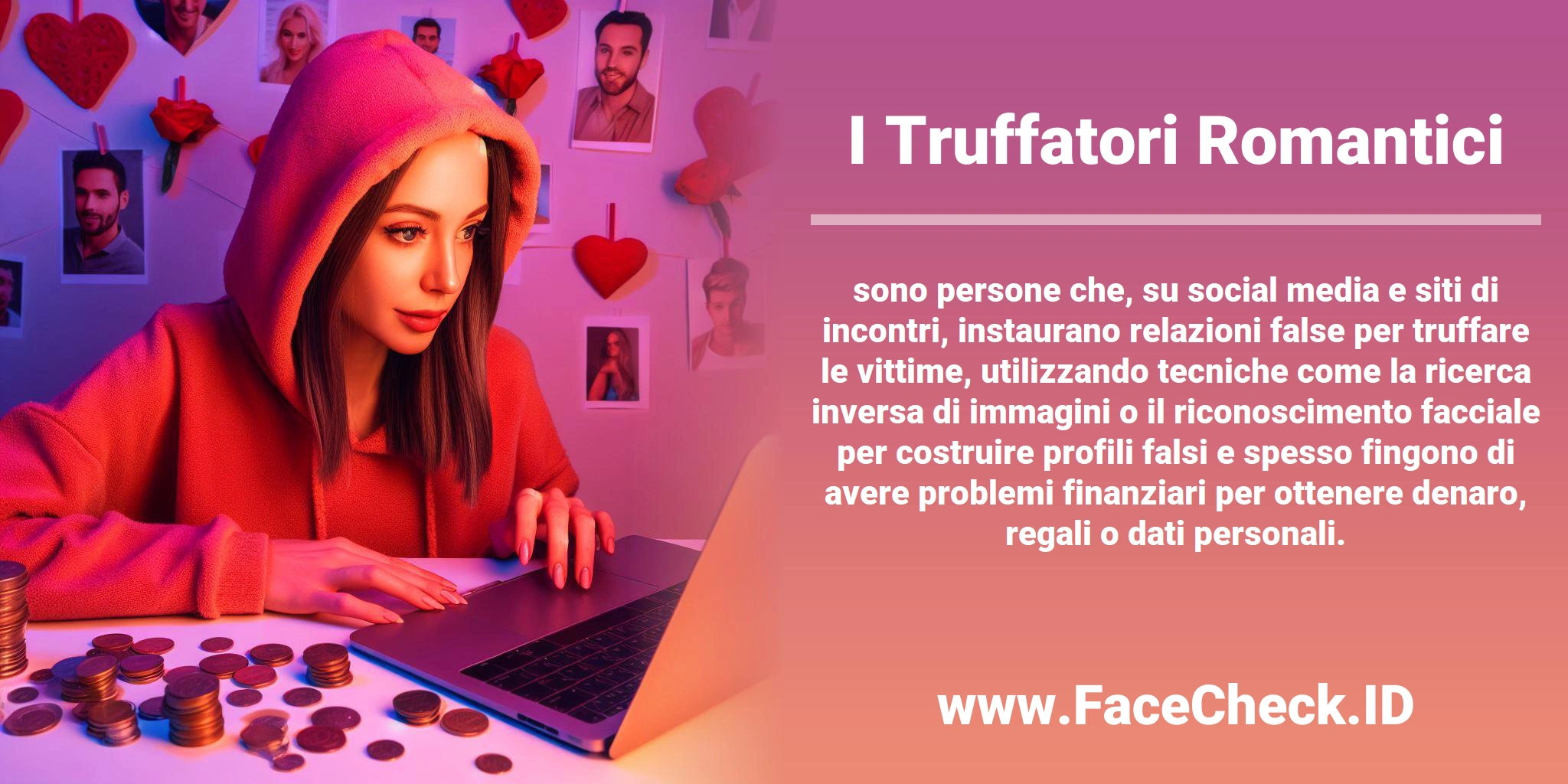 I <b>Truffatori Romantici</b> sono persone che, su social media e siti di incontri, instaurano relazioni false per truffare le vittime, utilizzando tecniche come la ricerca inversa di immagini o il riconoscimento facciale per costruire profili falsi e spesso fingono di avere problemi finanziari per ottenere denaro, regali o dati personali.