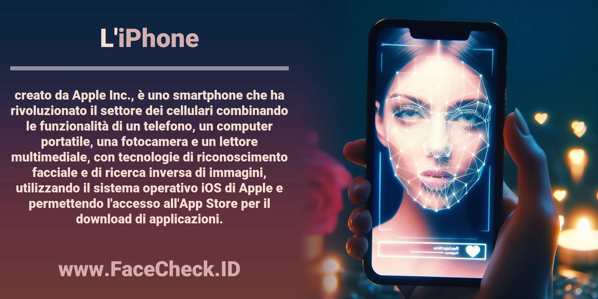 L'<b>iPhone</b> creato da Apple Inc., è uno smartphone che ha rivoluzionato il settore dei cellulari combinando le funzionalità di un telefono, un computer portatile, una fotocamera e un lettore multimediale, con tecnologie di riconoscimento facciale e di ricerca inversa di immagini, utilizzando il sistema operativo iOS di Apple e permettendo l'accesso all'App Store per il download di applicazioni.