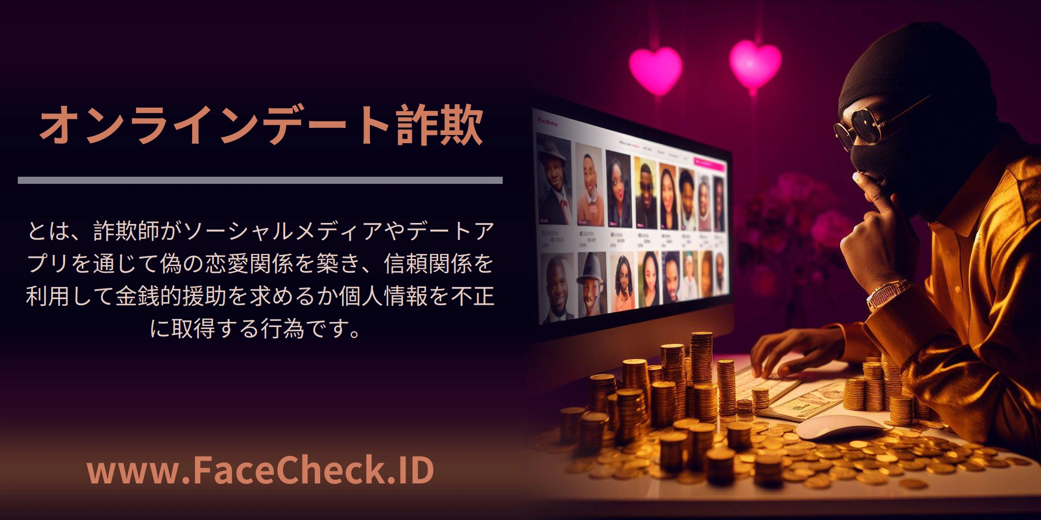 <b>オンラインデート詐欺</b>とは、詐欺師がソーシャルメディアやデートアプリを通じて偽の恋愛関係を築き、信頼関係を利用して金銭的援助を求めるか個人情報を不正に取得する行為です。