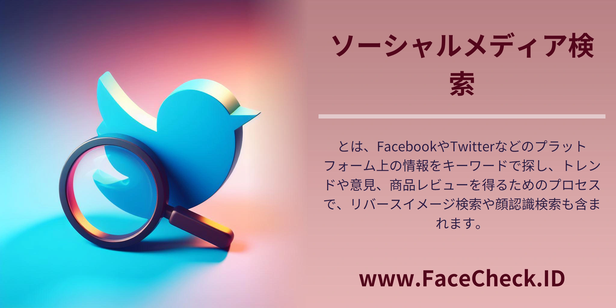 ソーシャルメディア検索とは、FacebookやTwitterなどのプラットフォーム上の情報をキーワードで探し、トレンドや意見、商品レビューを得るためのプロセスで、リバースイメージ検索や顔認識検索も含まれます。