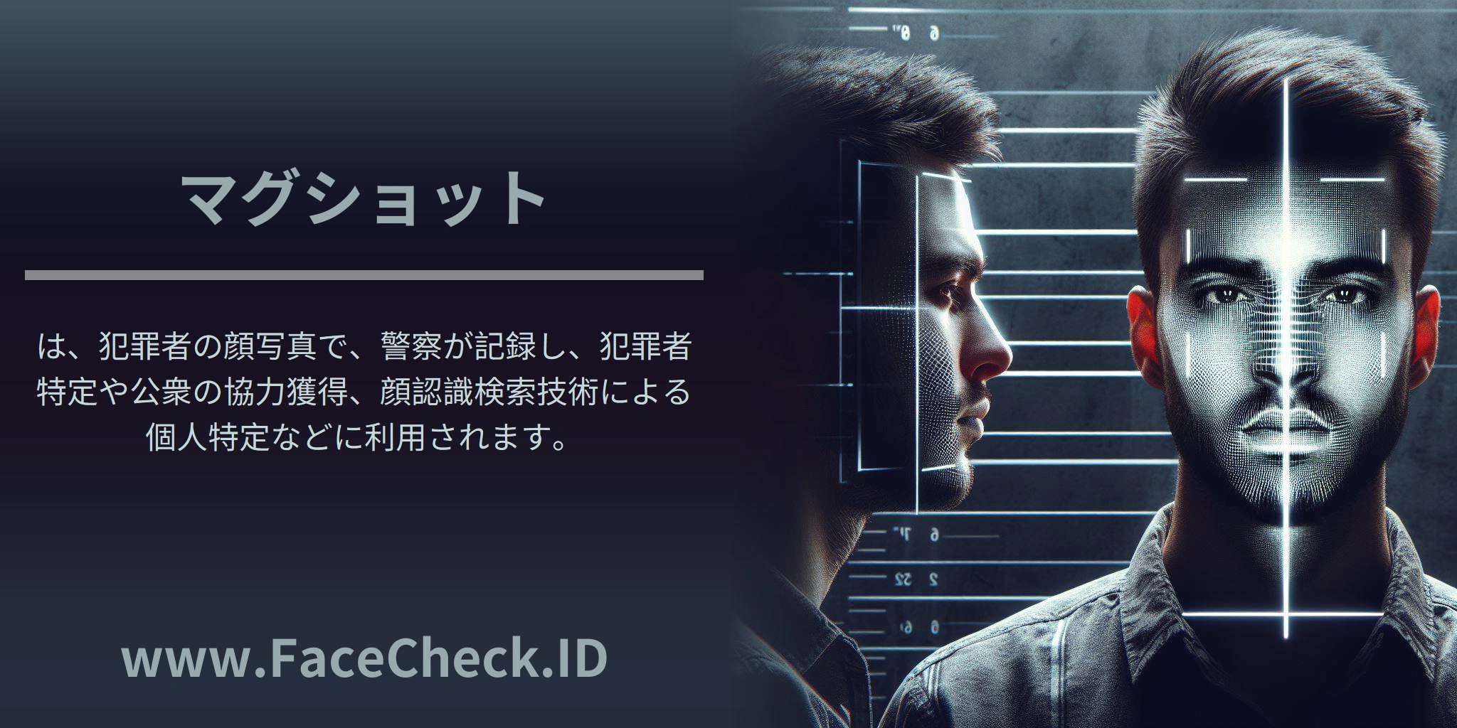 <b>マグショット</b>は、犯罪者の顔写真で、警察が記録し、犯罪者特定や公衆の協力獲得、顔認識検索技術による個人特定などに利用されます。