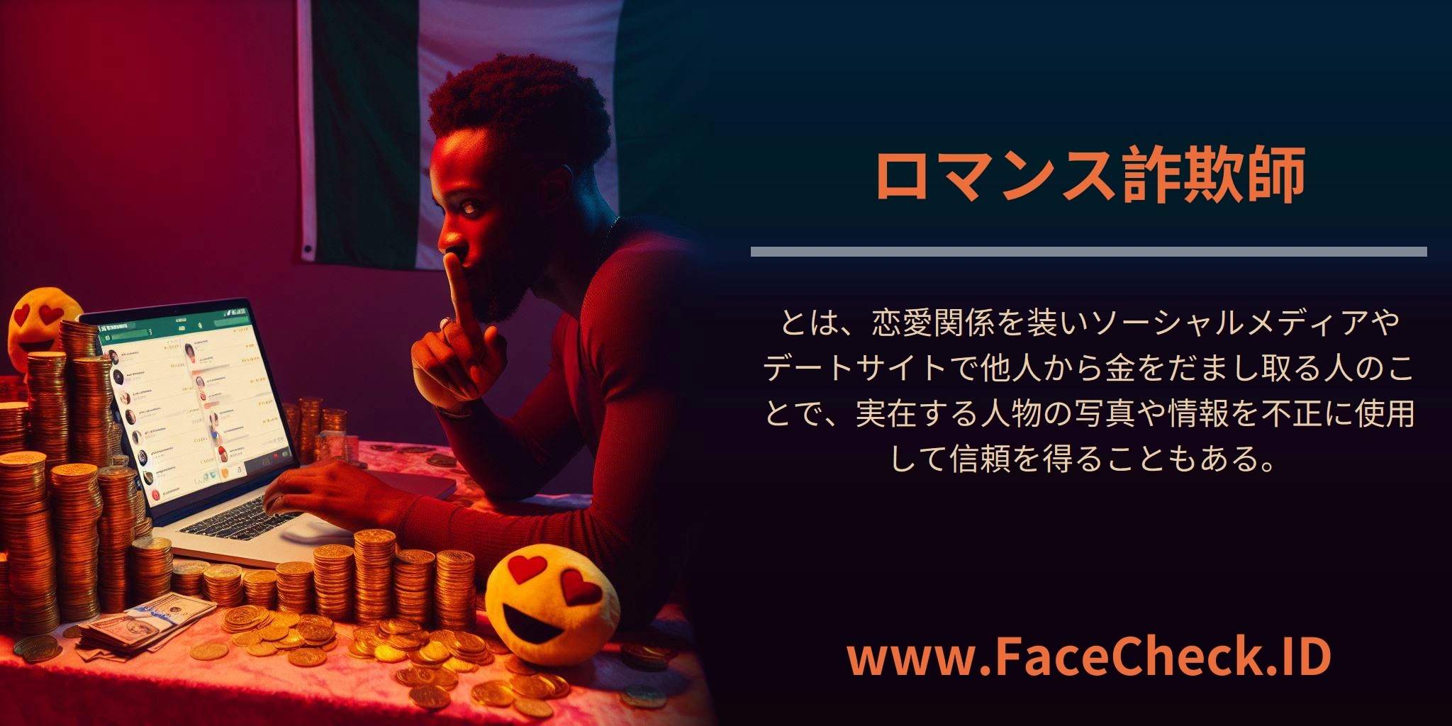 ロマンス詐欺師とは、恋愛関係を装いソーシャルメディアやデートサイトで他人から金をだまし取る人のことで、実在する人物の写真や情報を不正に使用して信頼を得ることもある。