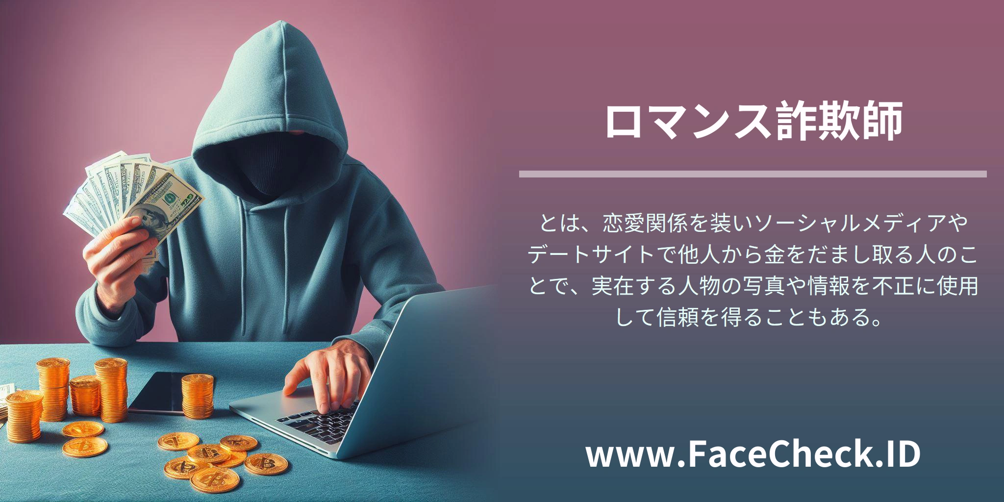 <b>ロマンス詐欺師</b>とは、恋愛関係を装いソーシャルメディアやデートサイトで他人から金をだまし取る人のことで、実在する人物の写真や情報を不正に使用して信頼を得ることもある。