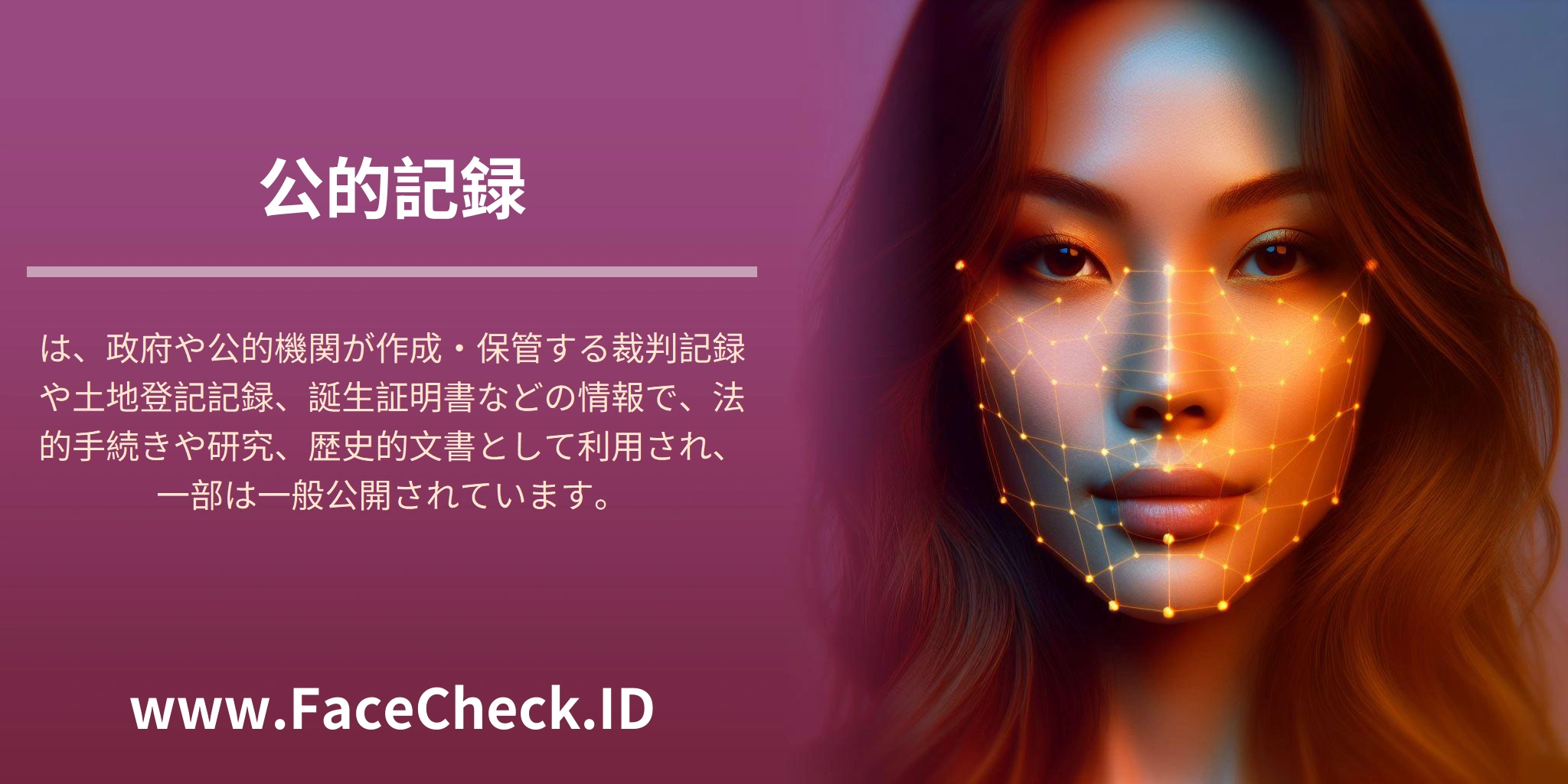 <b>公的記録</b>は、政府や公的機関が作成・保管する裁判記録や土地登記記録、誕生証明書などの情報で、法的手続きや研究、歴史的文書として利用され、一部は一般公開されています。